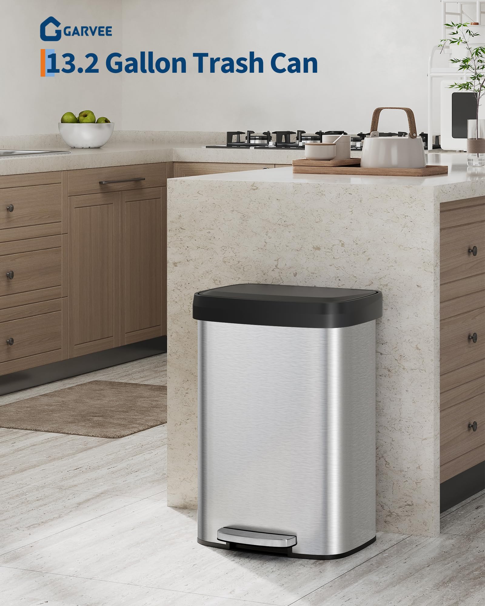 13 gal 50 L Stainless Steel Trash Can with Lid