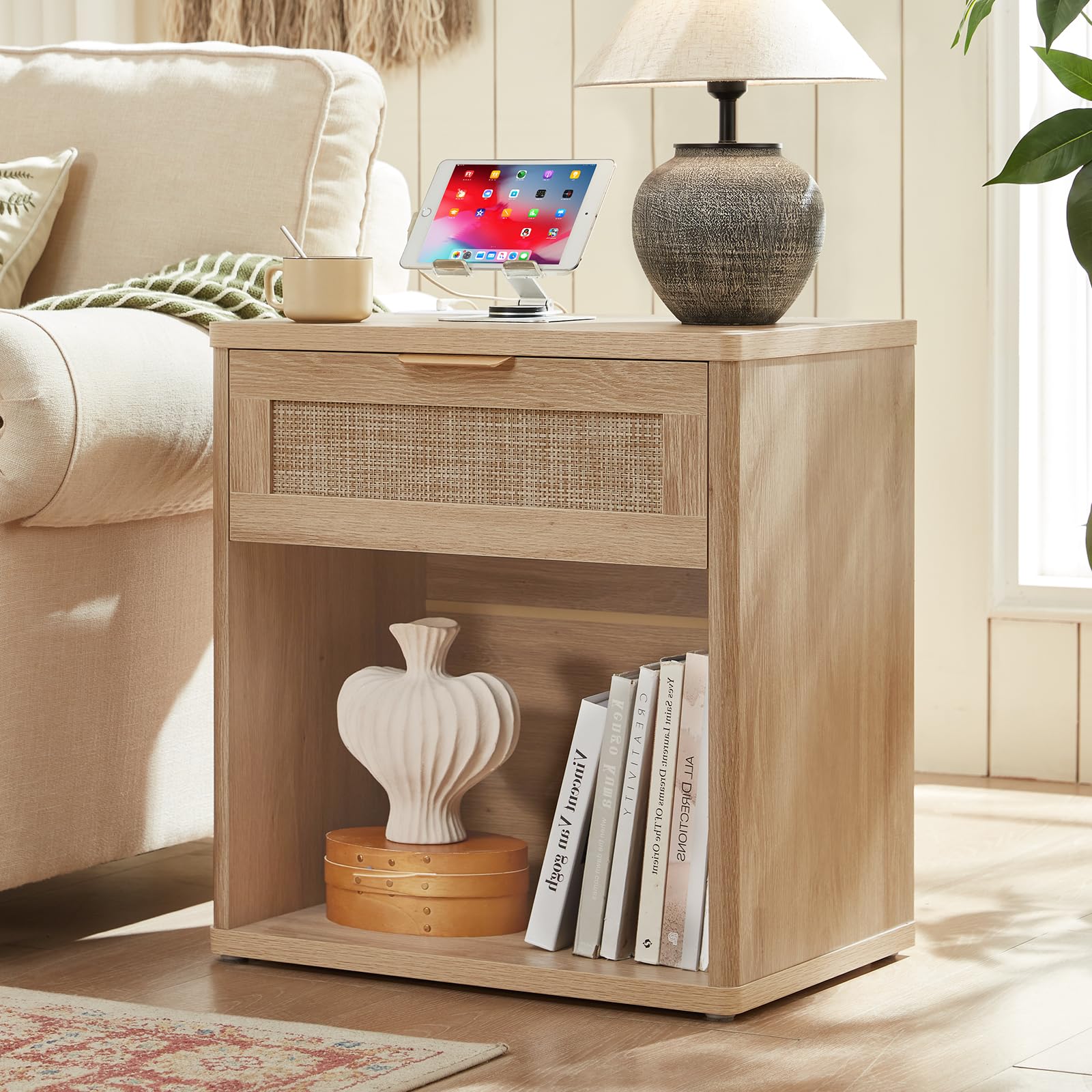 Rattan Nightstands Set of 2 with Charging Station (2 Count)