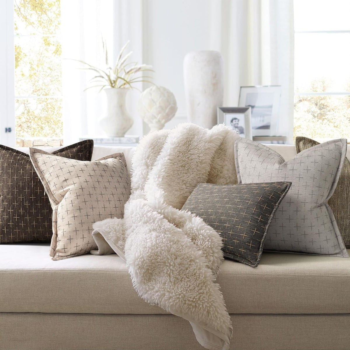 Pillow Covers 24x24 Set of 2 Soft Polyester Textured Pillow Covers with Stylish Flange Edge Cozy Farmhouse Throw Pillows for Couch Bed Sofa Living Room