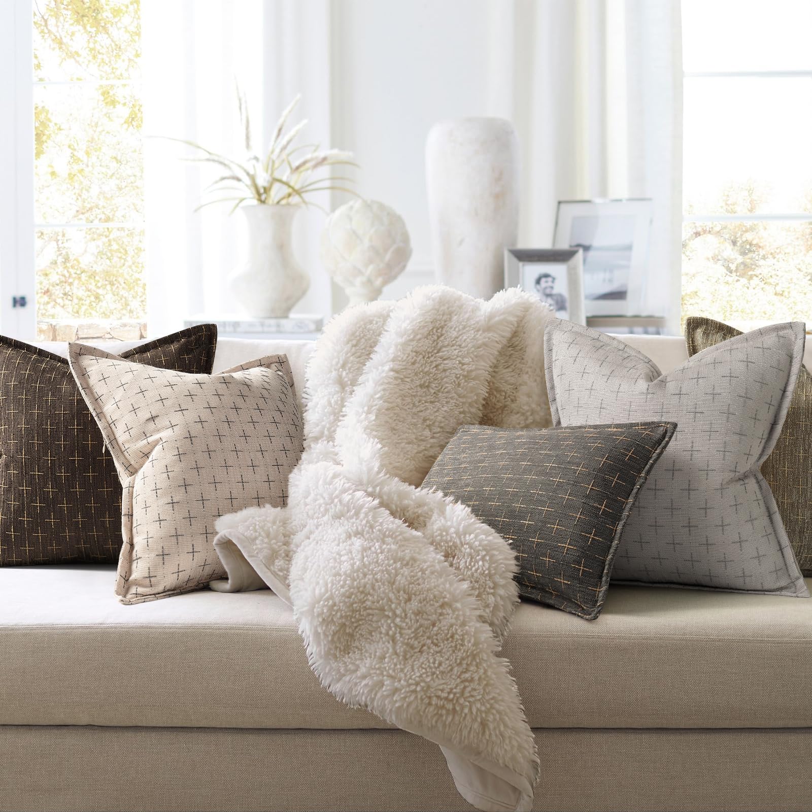 Pillow Covers 20x20 Set of 2 Soft Polyester Textured Pillow Covers with Stylish Flange Edge Cozy Farmhouse Throw Pillows for Couch Bed Sofa Living Room