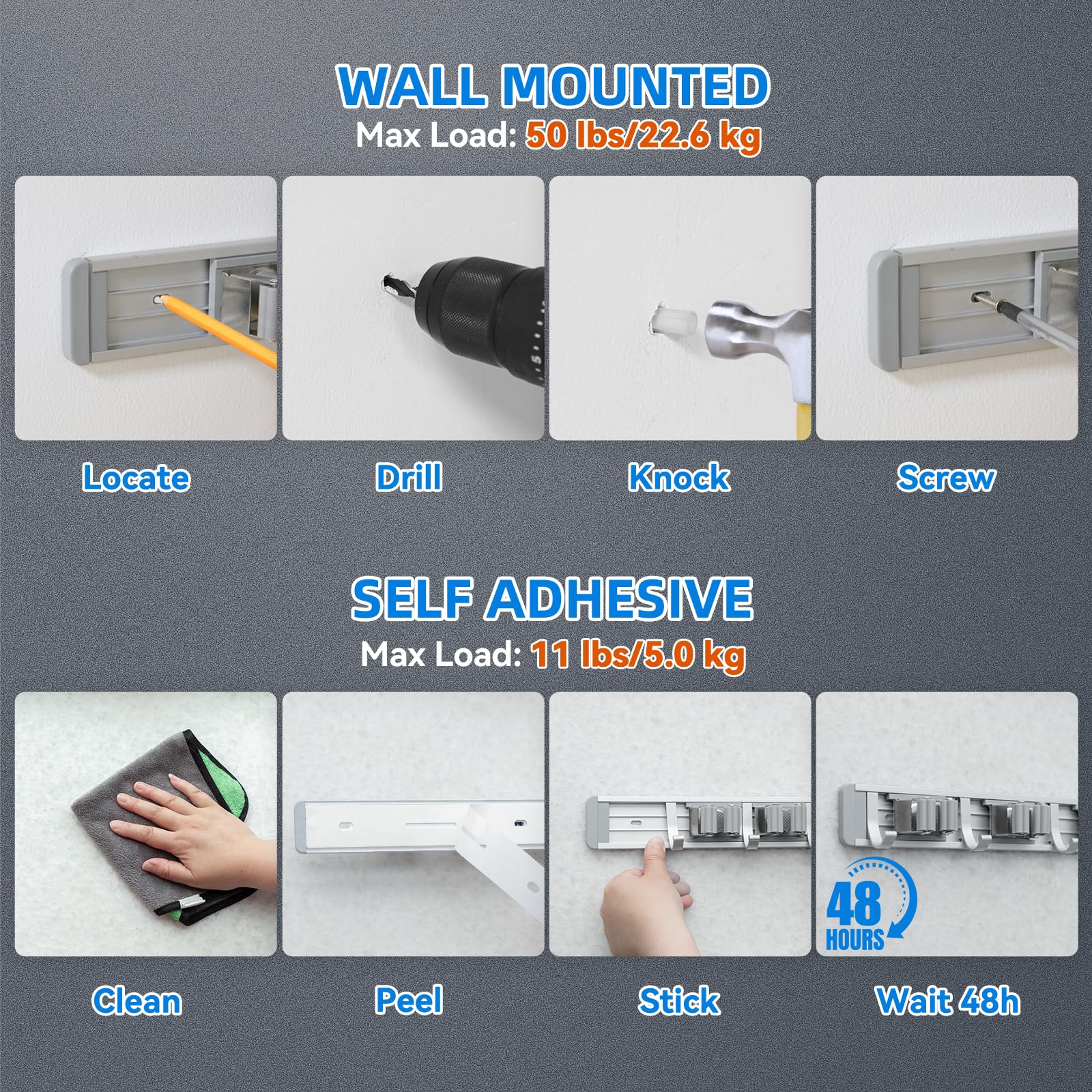 Broom Holder Wall Mount Mop Hanger Tools organizer 4Racks 5Hooks
