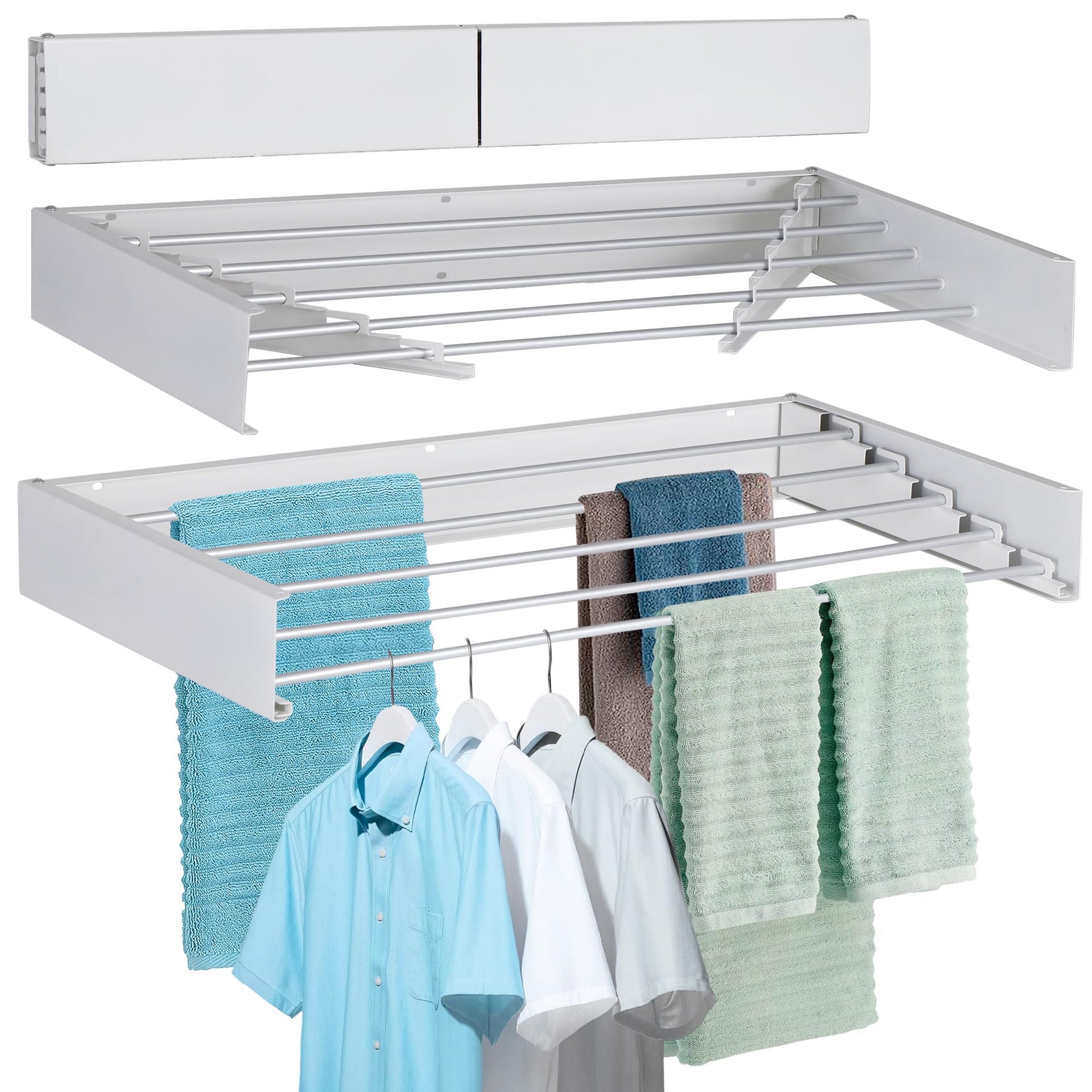 Laundry Drying Rack Wall Mounted Clothes Drying Rack Collapsible with 5 Aluminum Rods and Drilling Template Long Screwdriver Bit 60 lbs Capacity