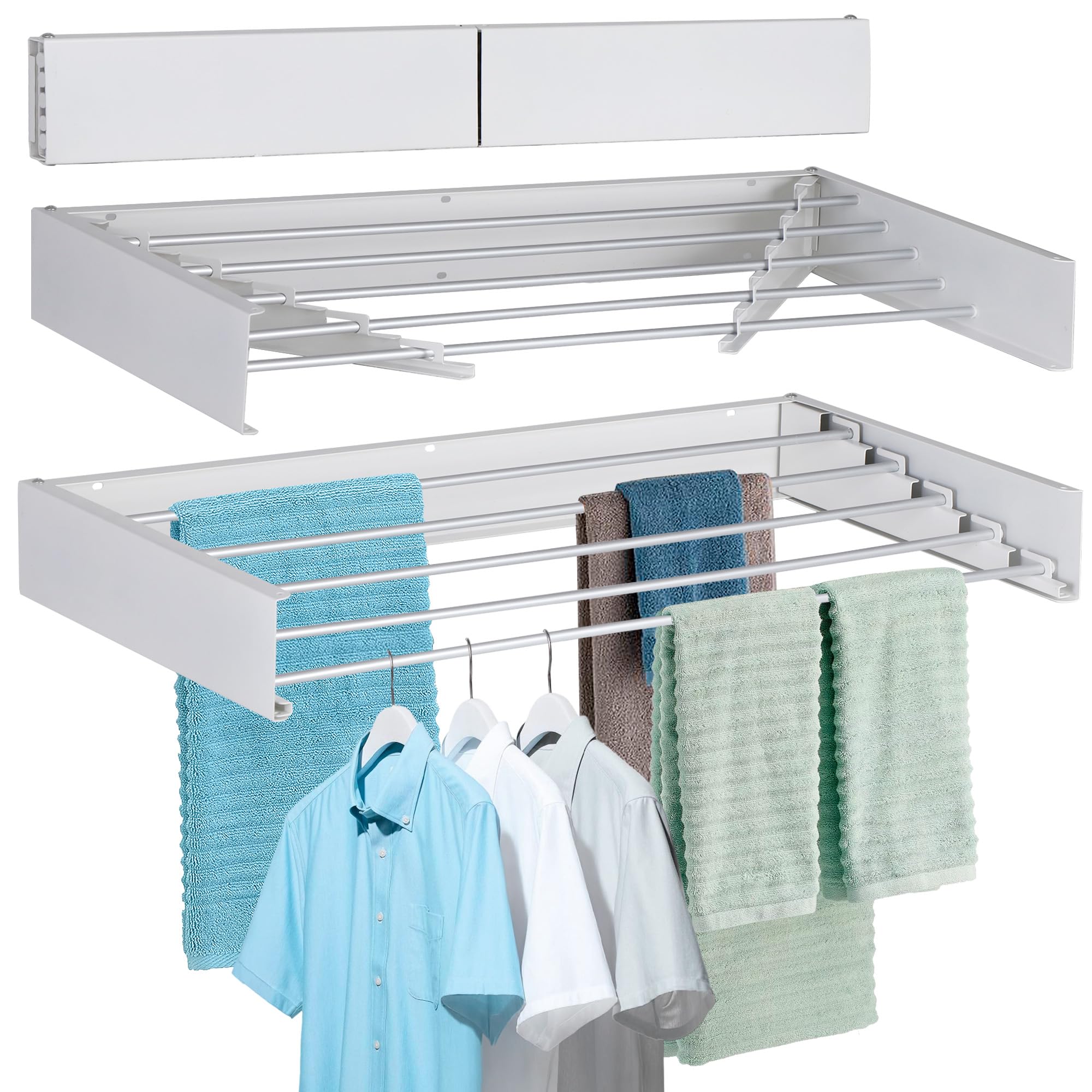 Laundry Drying Rack Wall Mounted Clothes Drying Rack Collapsible with 5 Aluminum Rods and Drilling Template Long Screwdriver Bit 60 lbs Capacity