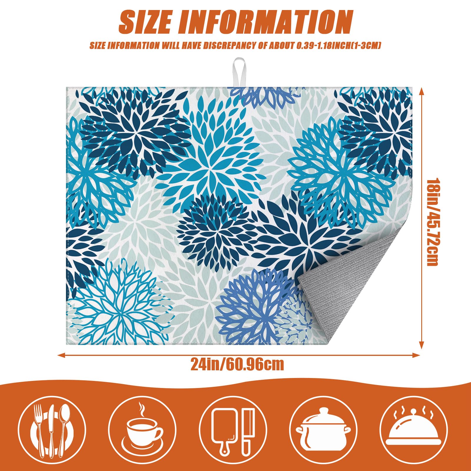 Blue Floral Dish Drying Mat for Kitchen Counter Microfiber Absorbent Dish Kitchen Drying Mat Draining Reusable Washable for Dishes