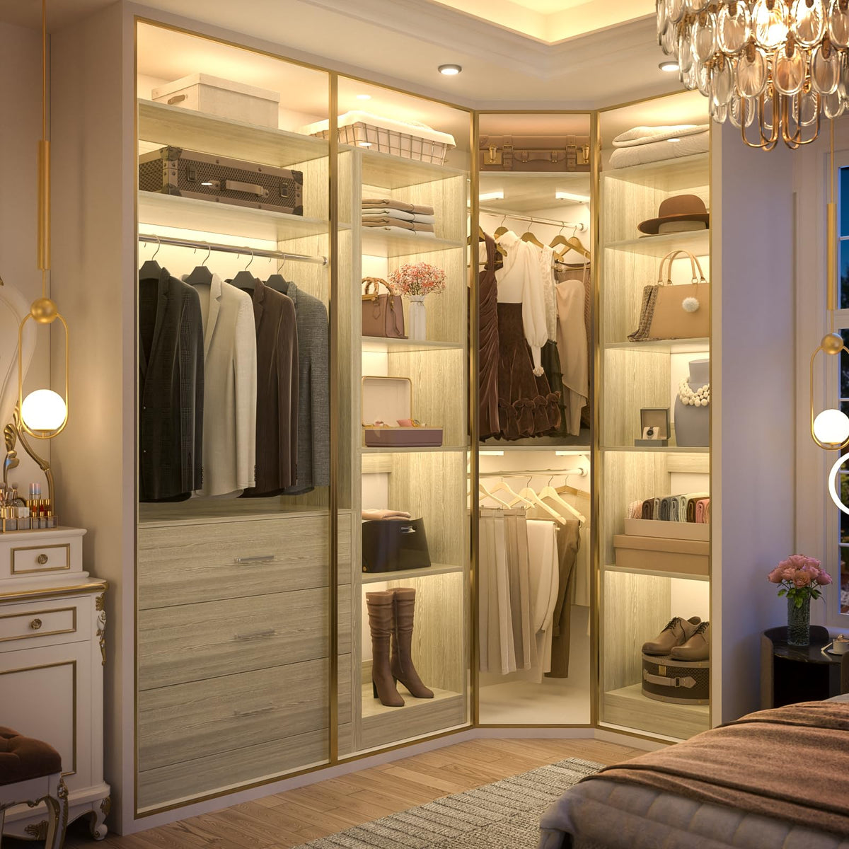 Corner Closet System with 3 Drawers