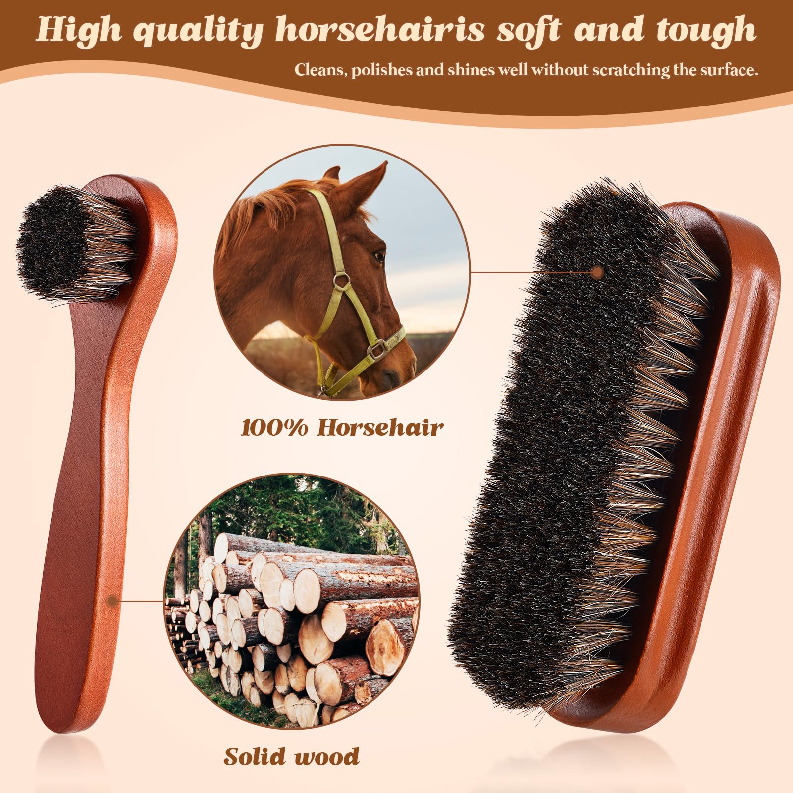 2 Pcs Horsehair Shine Shoes Brush Kit Polish Dauber Applicators Cleaning Leather Shoes Boots Care Brushes Suede Cleaner Brush (2 Count)