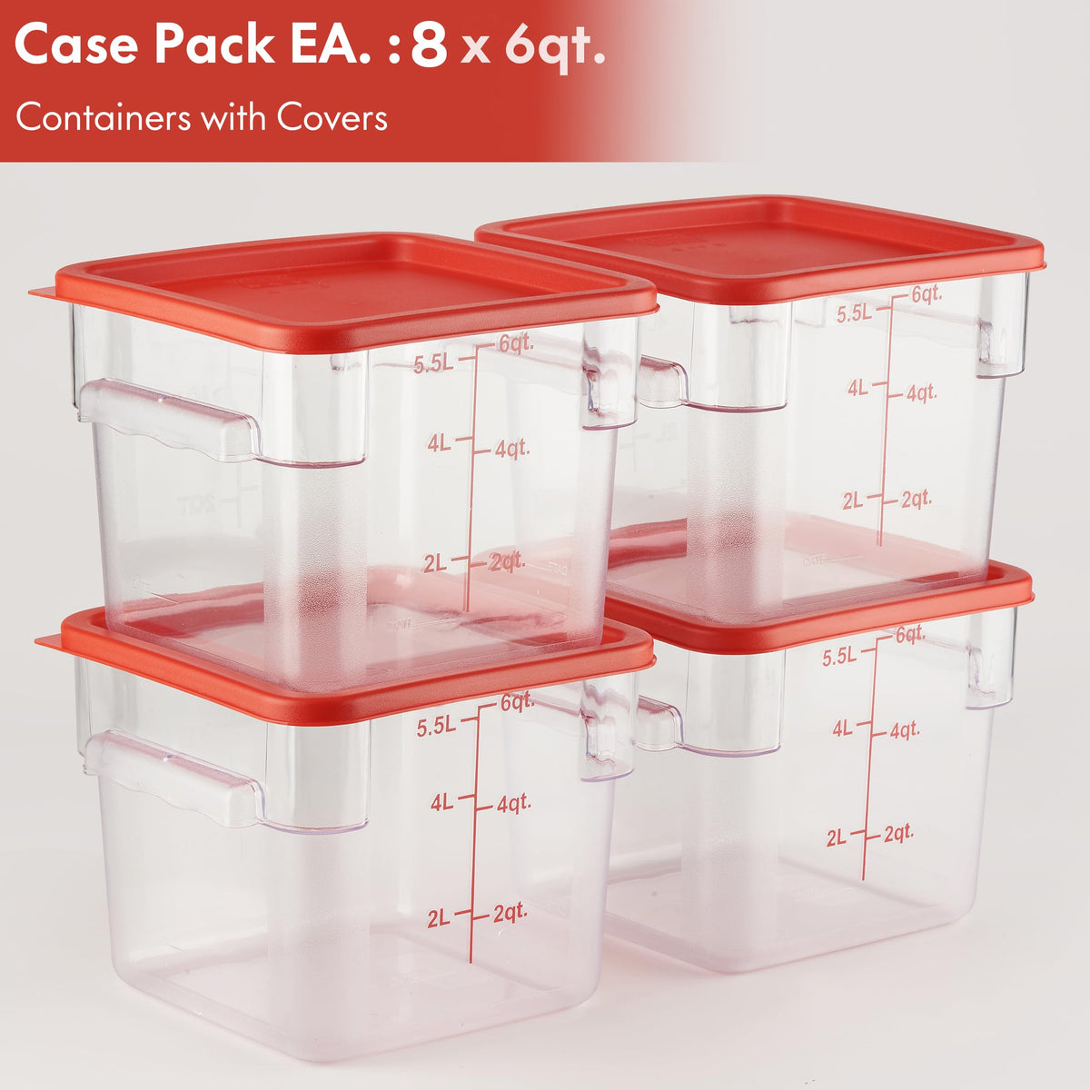 8 Pack 6 Qt NSF Clear Polycarbonate Food Storage Containers with Red Lids (8 Count)
