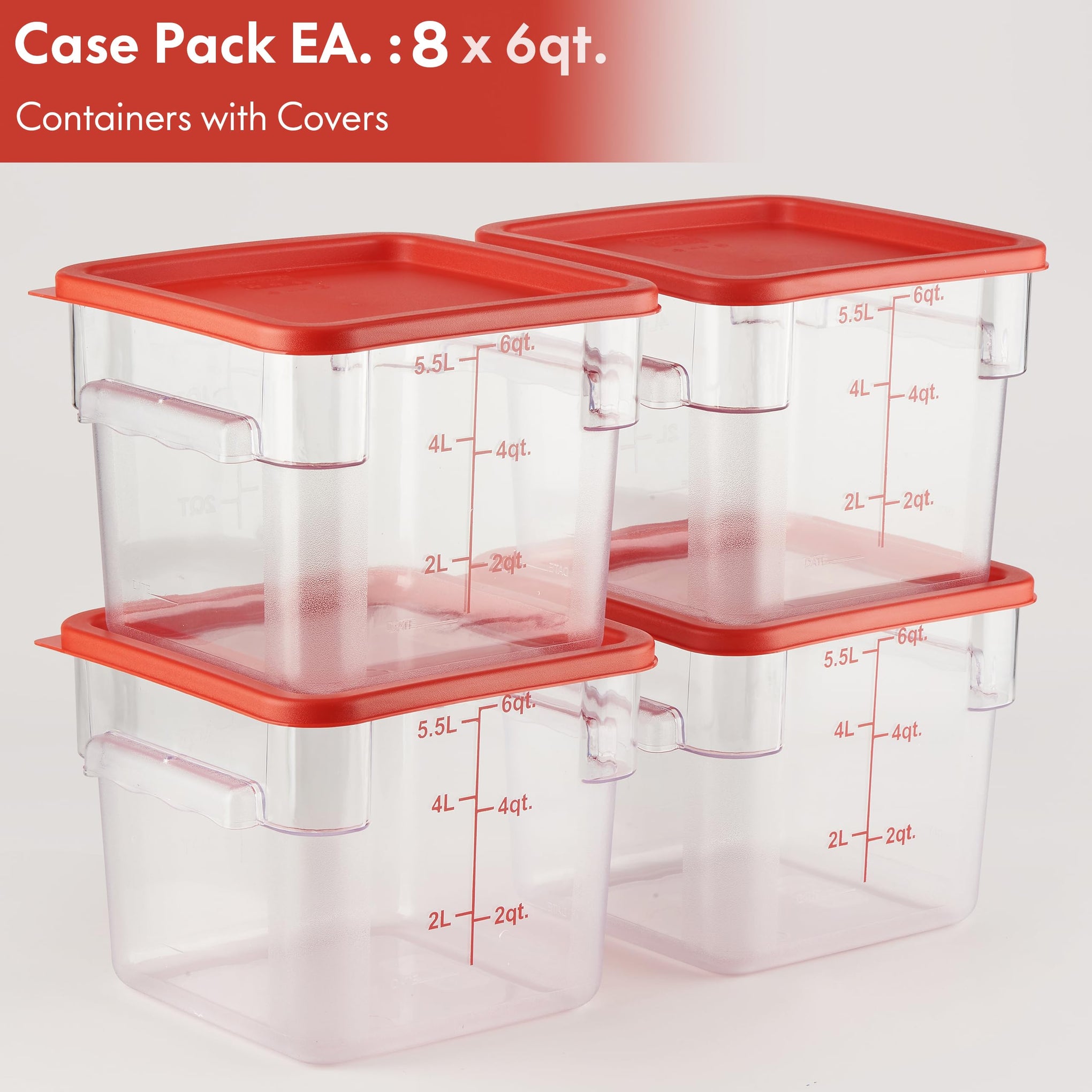 8 Pack 6 Qt NSF Clear Polycarbonate Food Storage Containers with Red Lids (8 Count)