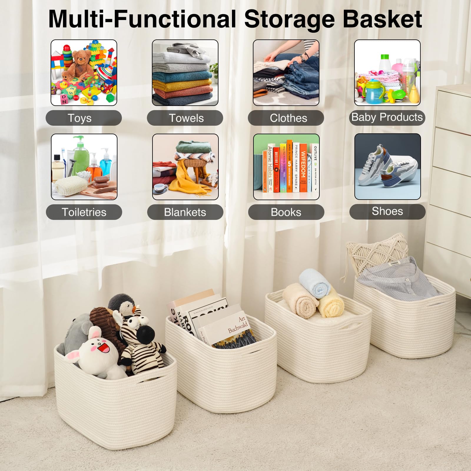 Storage Baskets for Organizing & Shelves (4 Count)