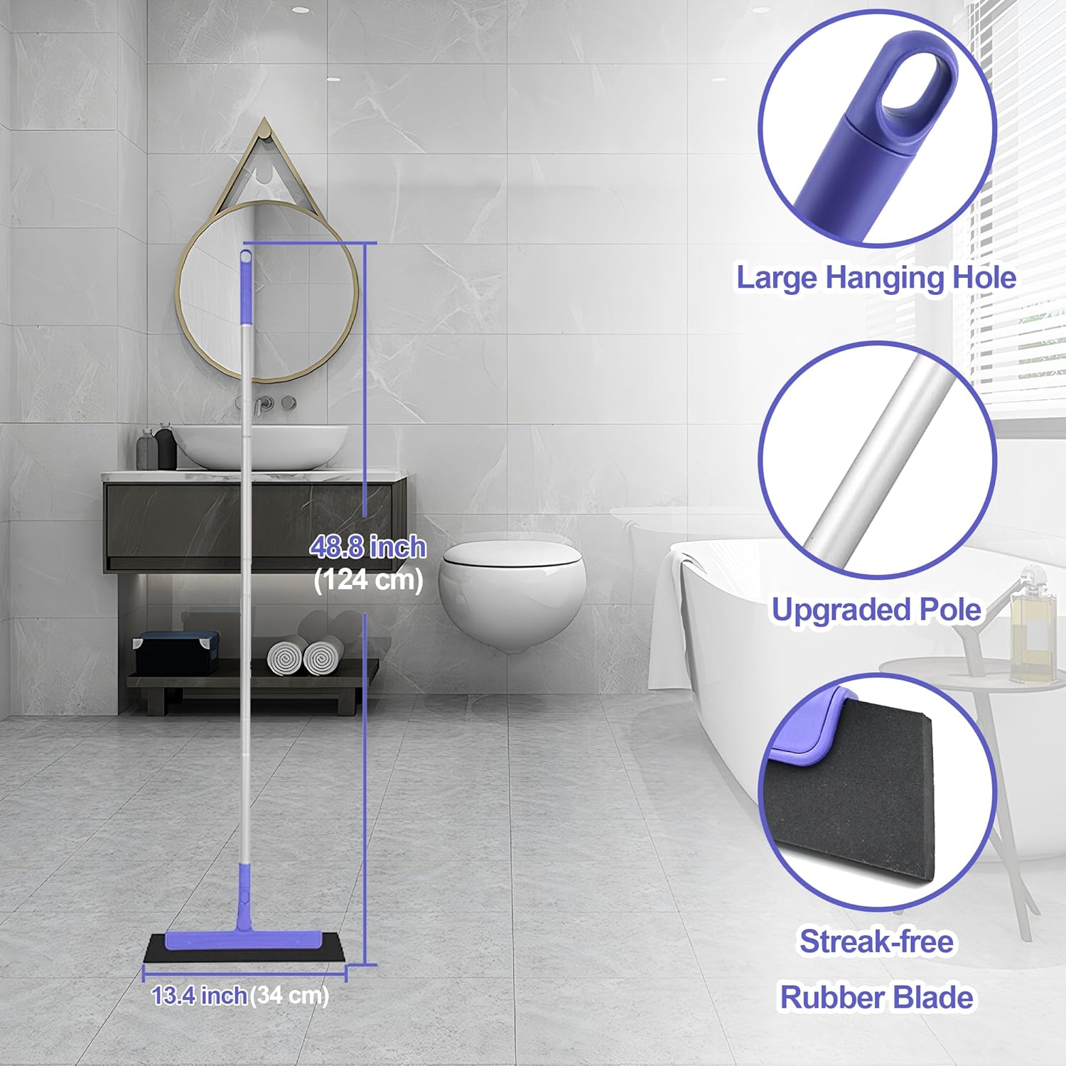 Floor Squeegee for Tile Floor and Shower Glass, Broom Rubber Blade with 48.4" Aluminum Long Handle, Water Blade Foam Pet Hair Wiper for Window Cleaning, Home, Garage, Bathroom, and Kitchen