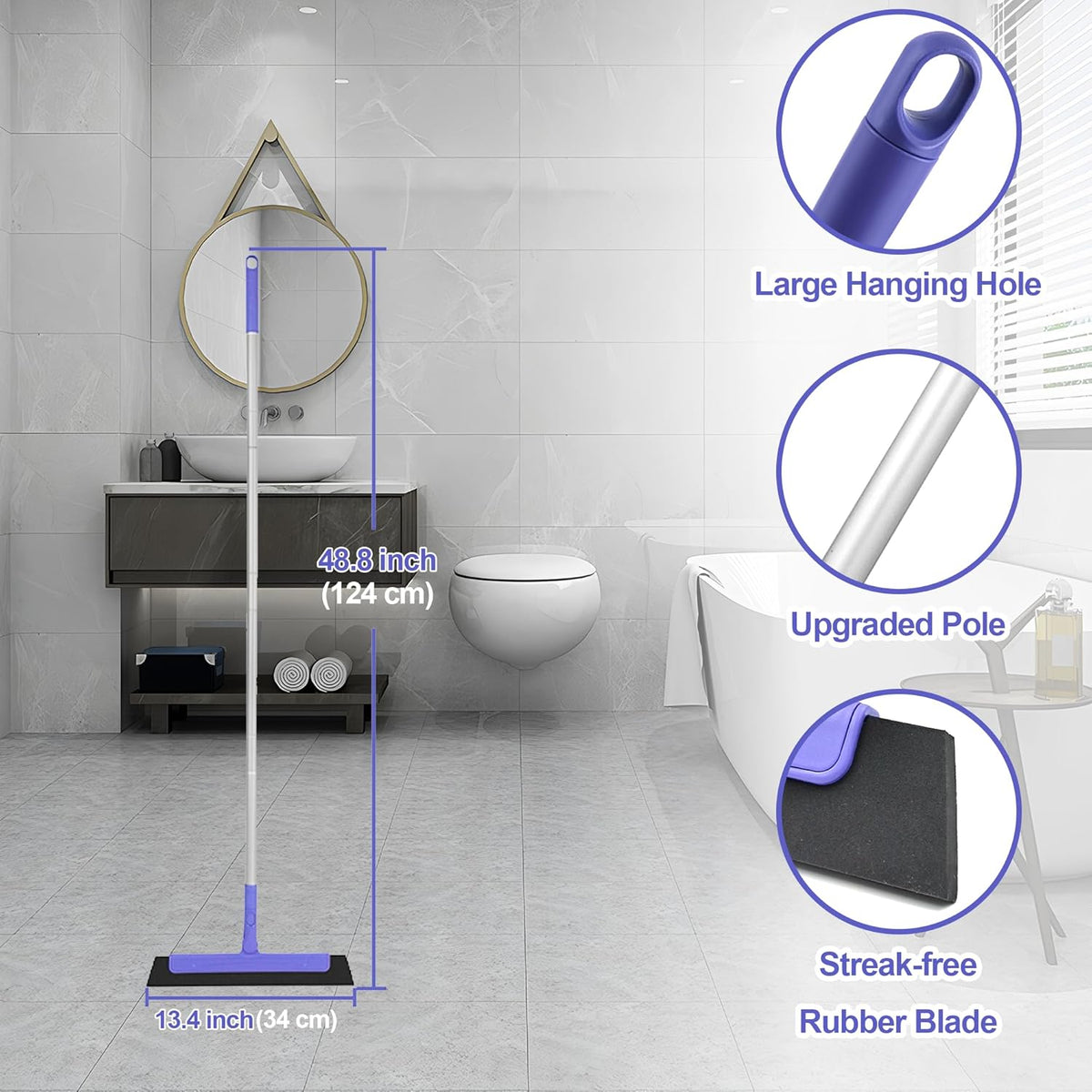 Floor Squeegee for Tile Floor and Shower Glass, Broom Rubber Blade with 48.4" Aluminum Long Handle, Water Blade Foam Pet Hair Wiper for Window Cleaning, Home, Garage, Bathroom, and Kitchen