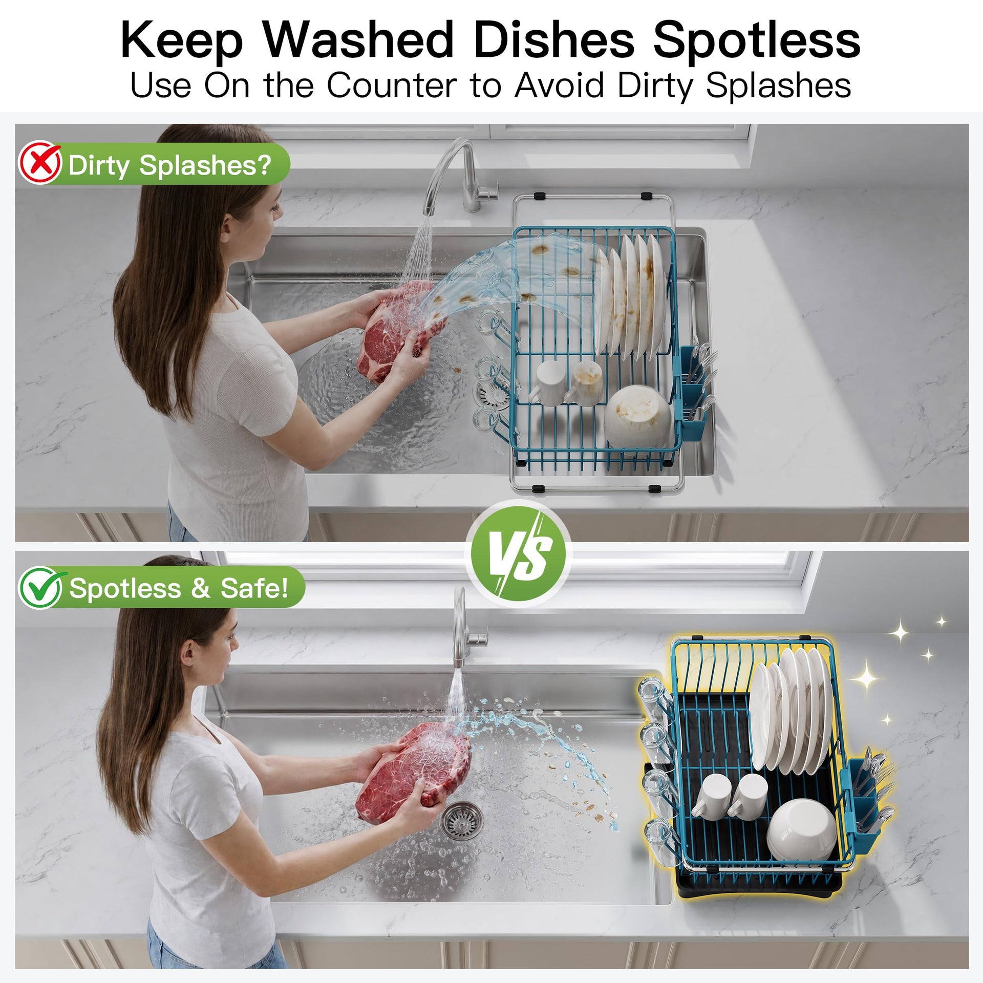 Blue Dish Drying Rack in Sink with Drainboard and Utensil Holder