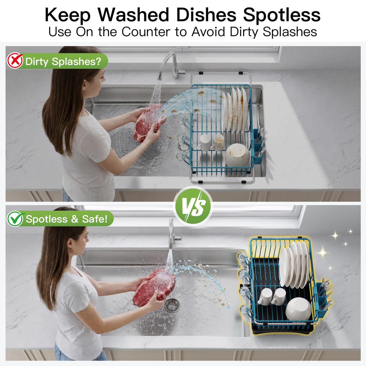 Blue Dish Drying Rack in Sink with Drainboard and Utensil Holder