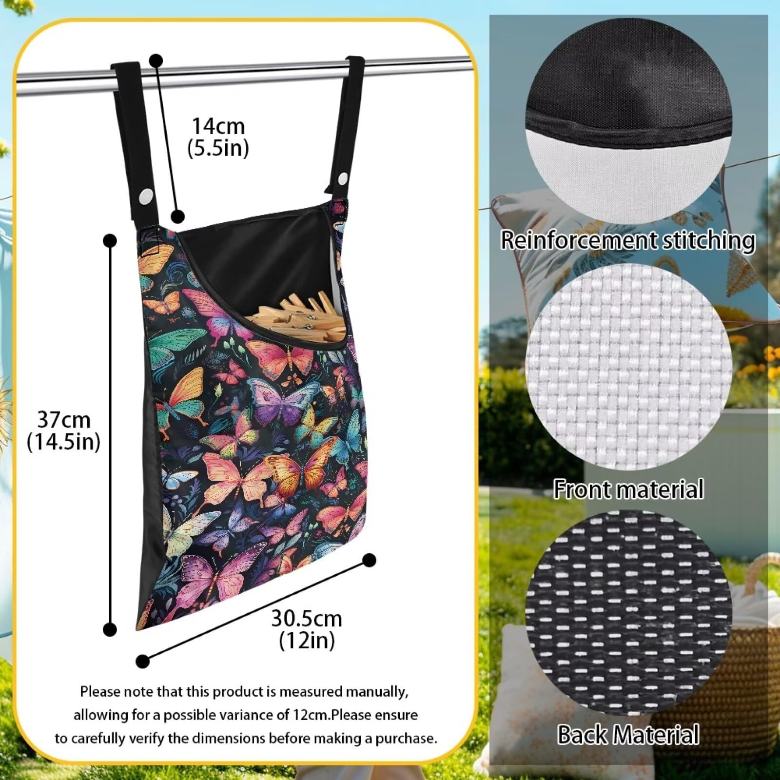 Colorful Butterfly Clothespin Bag with Hanging Hook Summer Laundry Clothes Pin Holder Waterproof Clothes Pin Hanging Bag Clothespin Storage Organizer with Large Opening