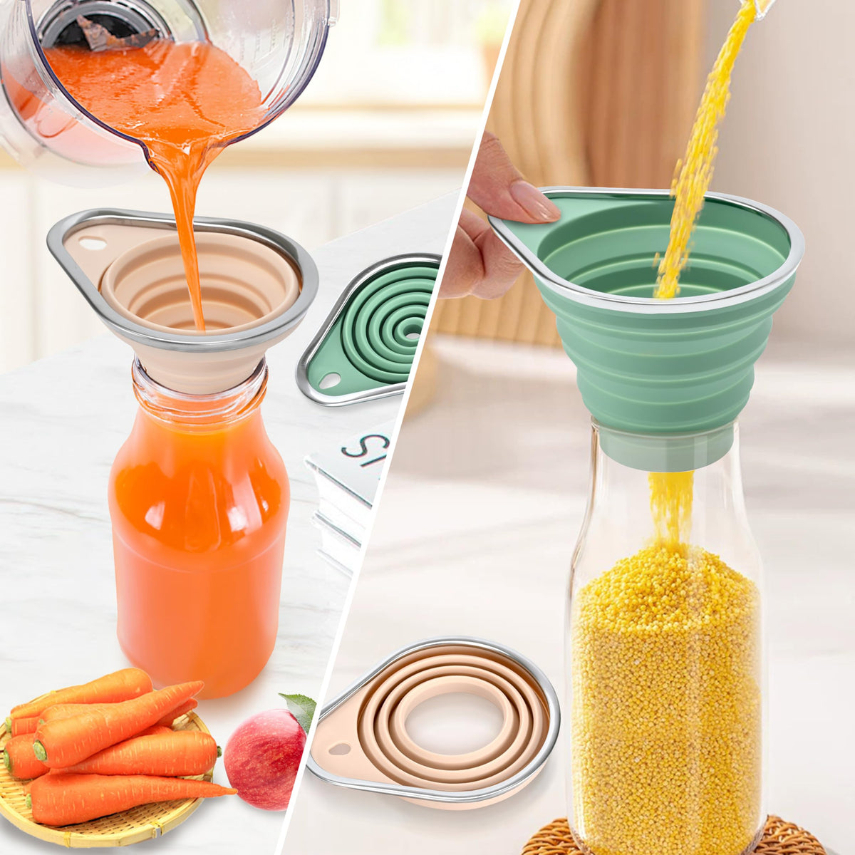 Stainless Steel Rim Silicone Collapsible Funnel Set