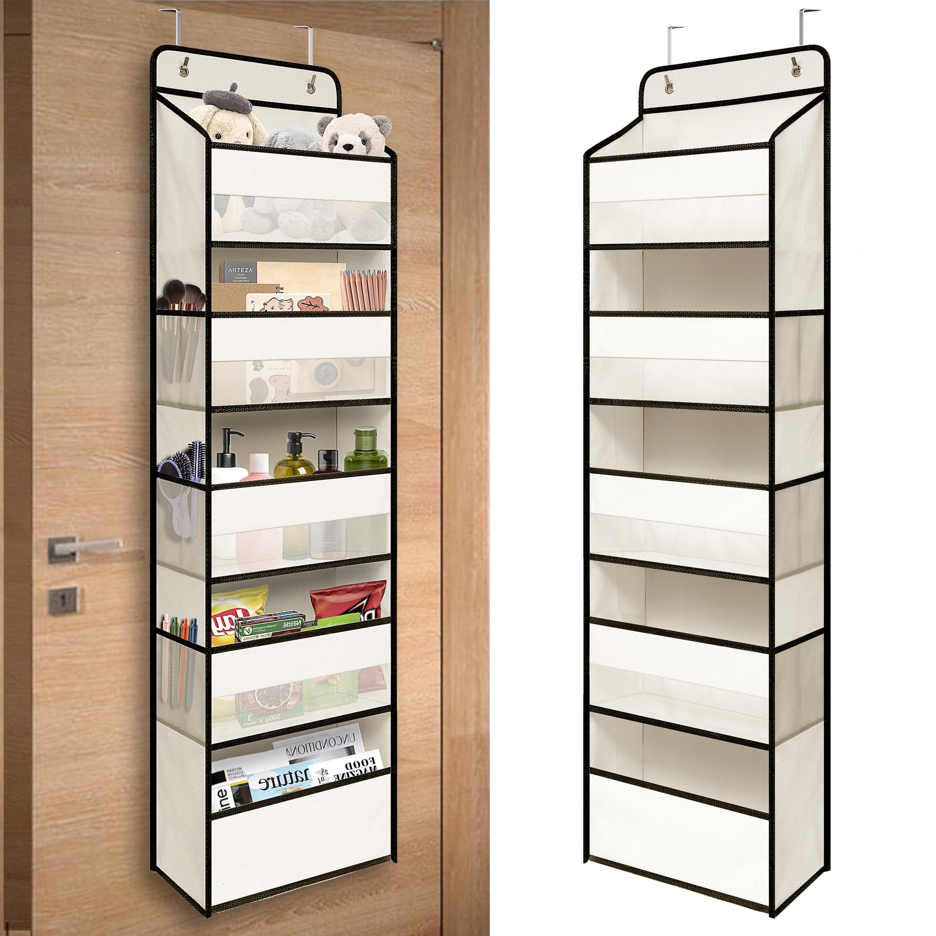 White Over Door Organizer with 5 Large Clear Pockets and 6 Side Mesh Pockets