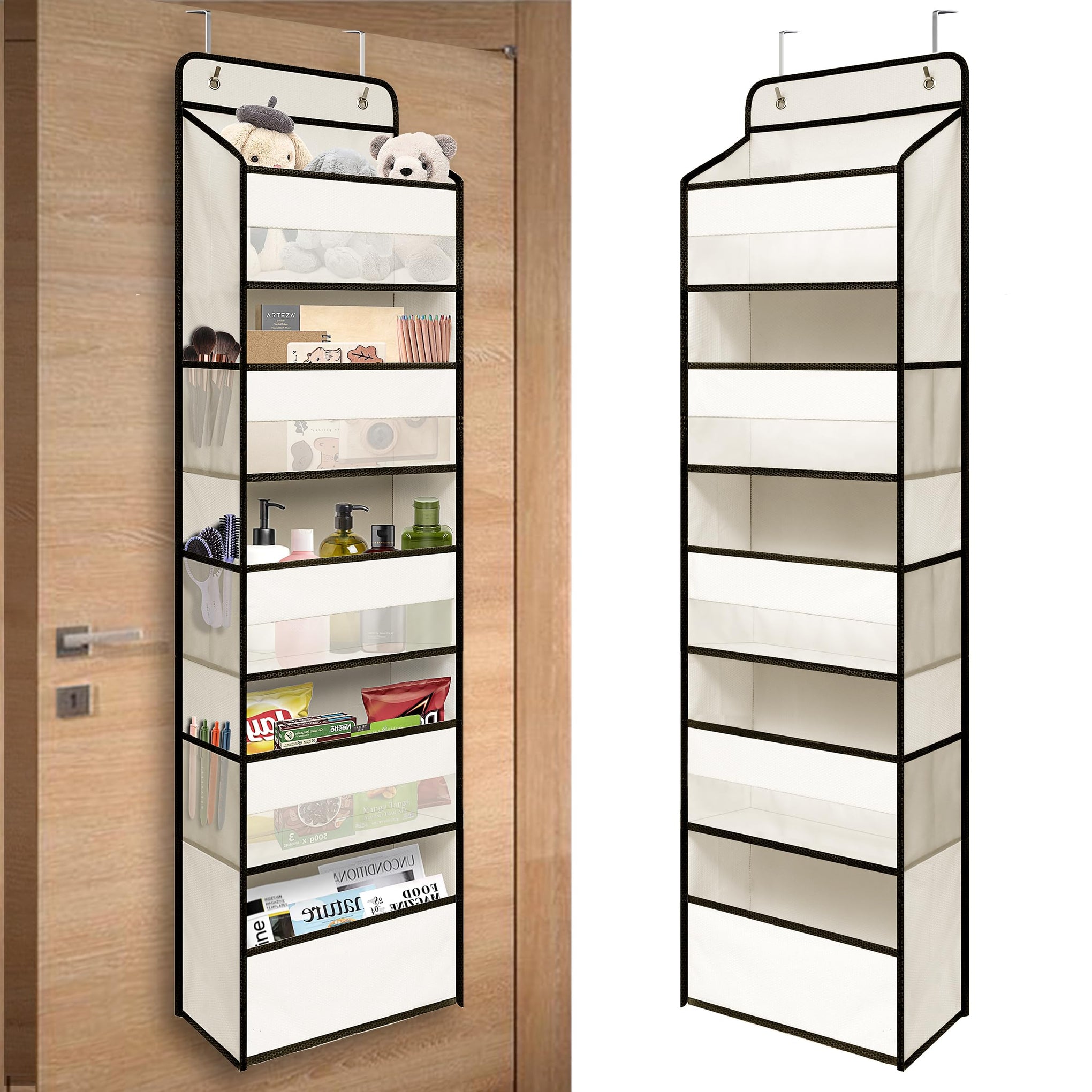 White Over Door Organizer with 5 Large Clear Pockets and 6 Side Mesh Pockets
