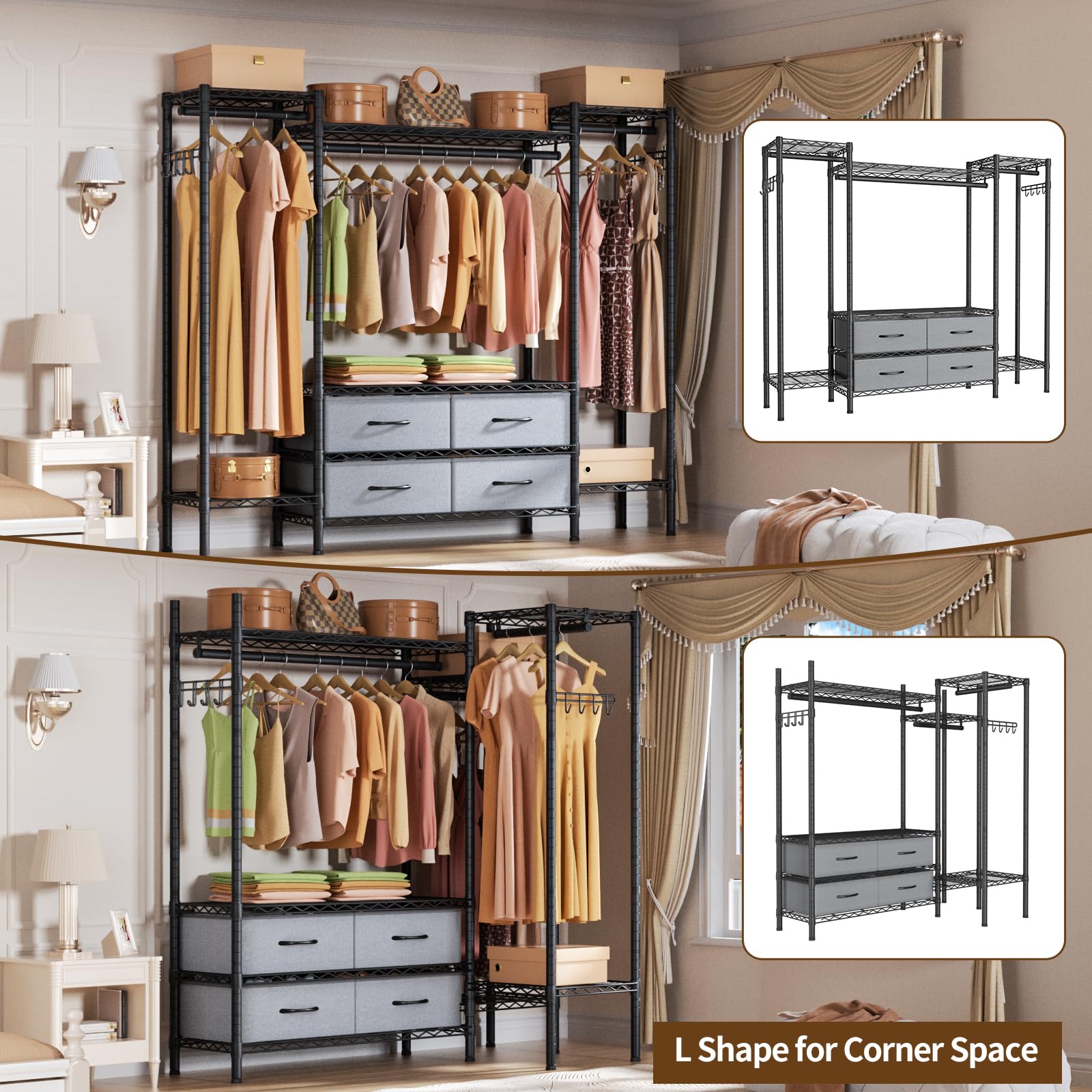 Heavy Duty Clothes Rack Metal Wardrobe with Adjustable Wire Shelves