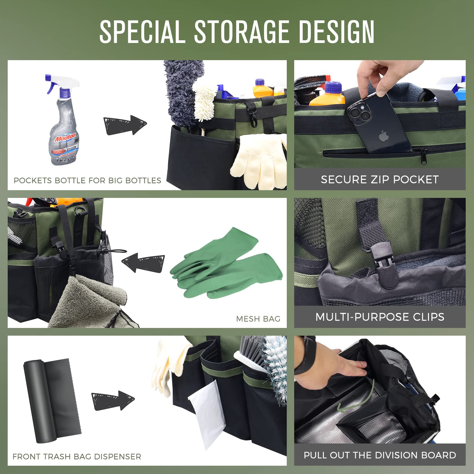 Wearable Cleaning Caddy Organizer with Handle & Shoulder Straps for Housekeepers