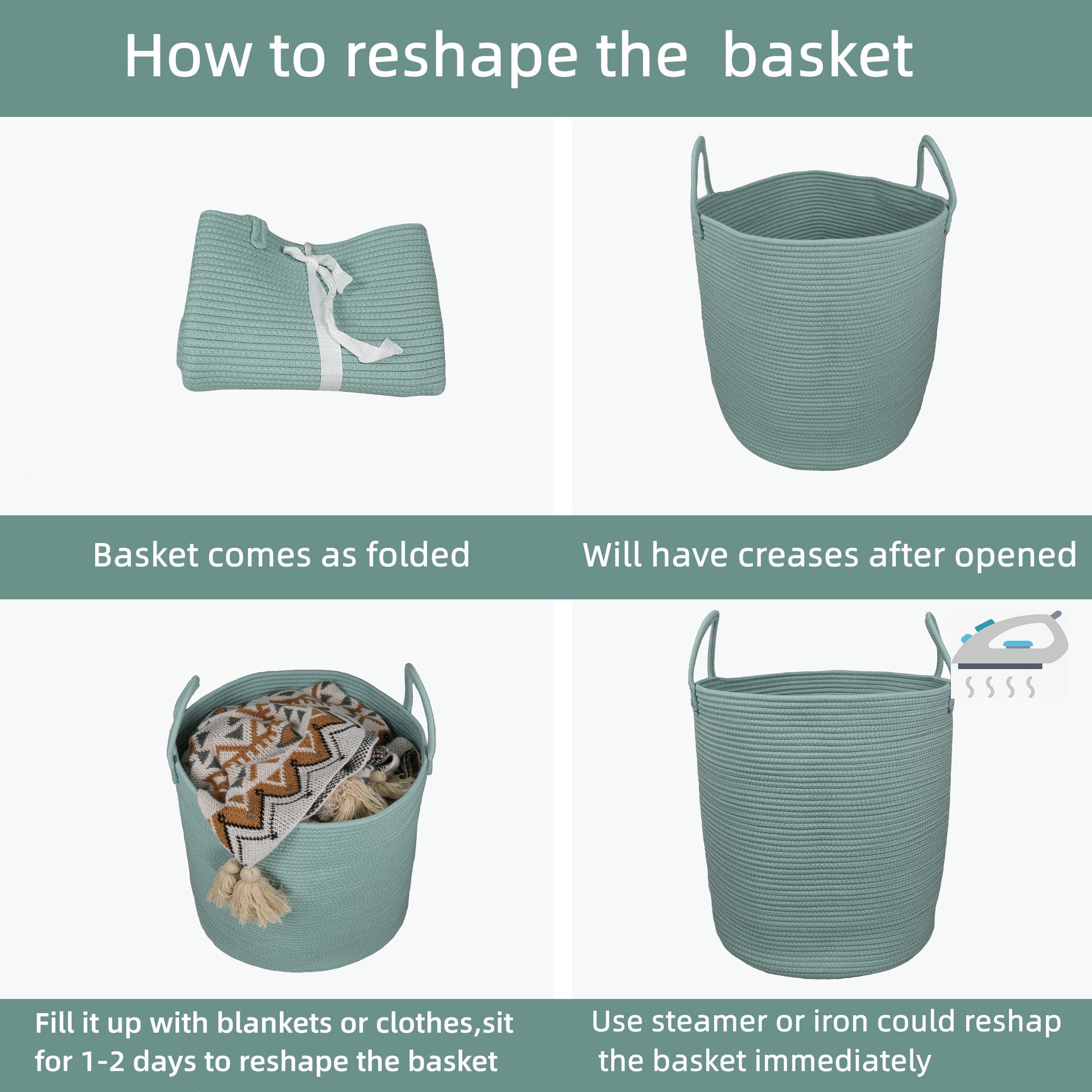 Cotton Rope Laundry Basket Hamper for Clothes Large Light Green