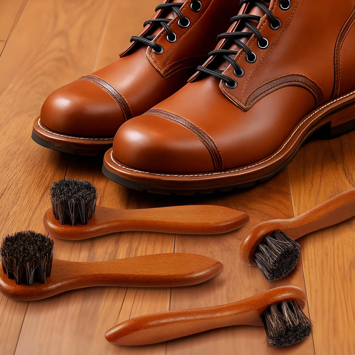 4 Pcs Horsehair Shine Shoes Brush Kit Polish Dauber Applicators Cleaning Leather Shoes Boots Care Brushes Suede Cleaner Brush with Microfiber Shoe Cloth