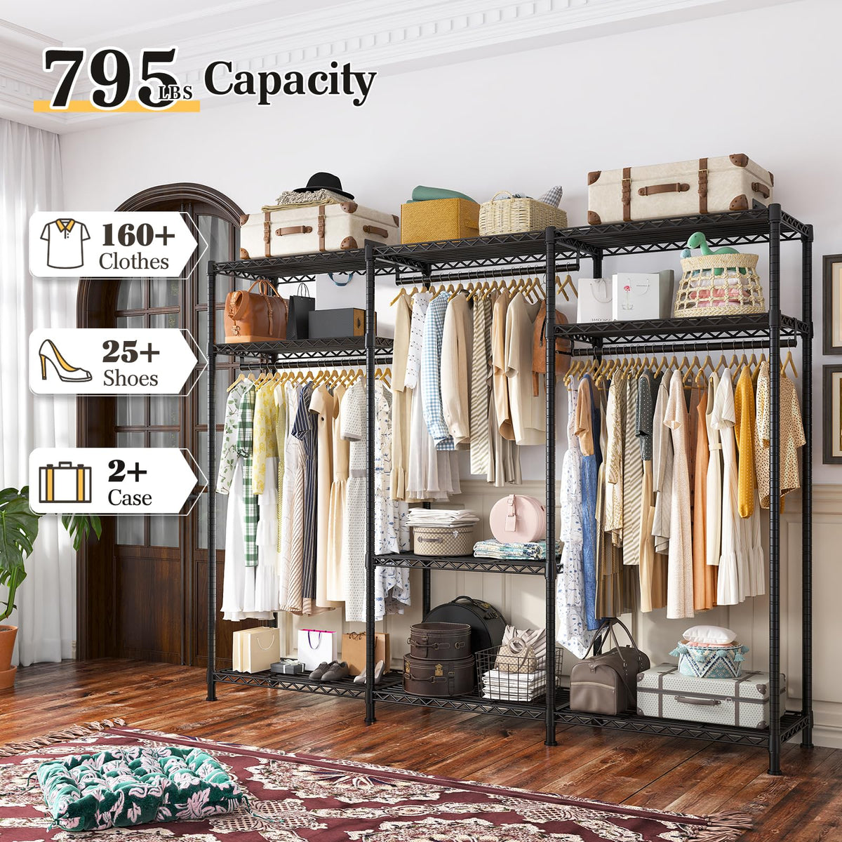 Clothes Rack Heavy Duty Load 795LBS Portable Clothing Racks for Hanging Clothes Adjustable Garment Rack