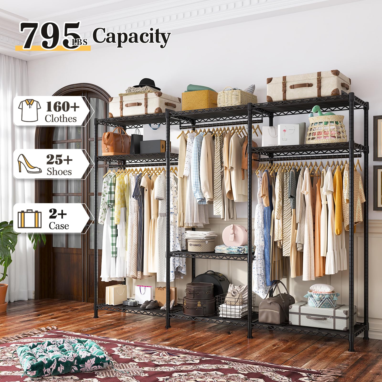 Clothes Rack Heavy Duty Load 795LBS Portable Clothing Racks for Hanging Clothes Adjustable Garment Rack