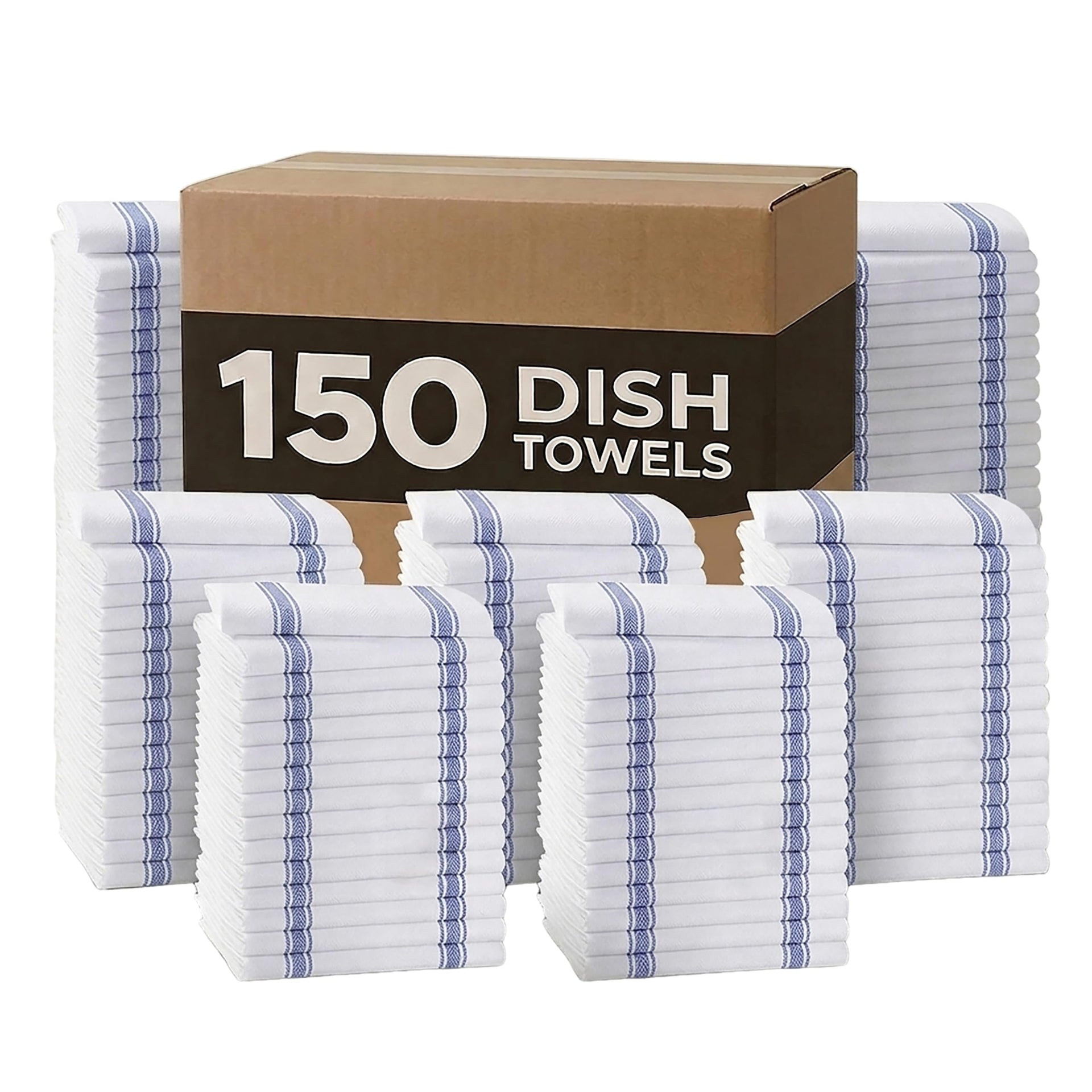 Dish Towels 150 Pack Blue Stripe 100% Cotton Kitchen Towel 15x25 Inch Tea Towels (150 Count)