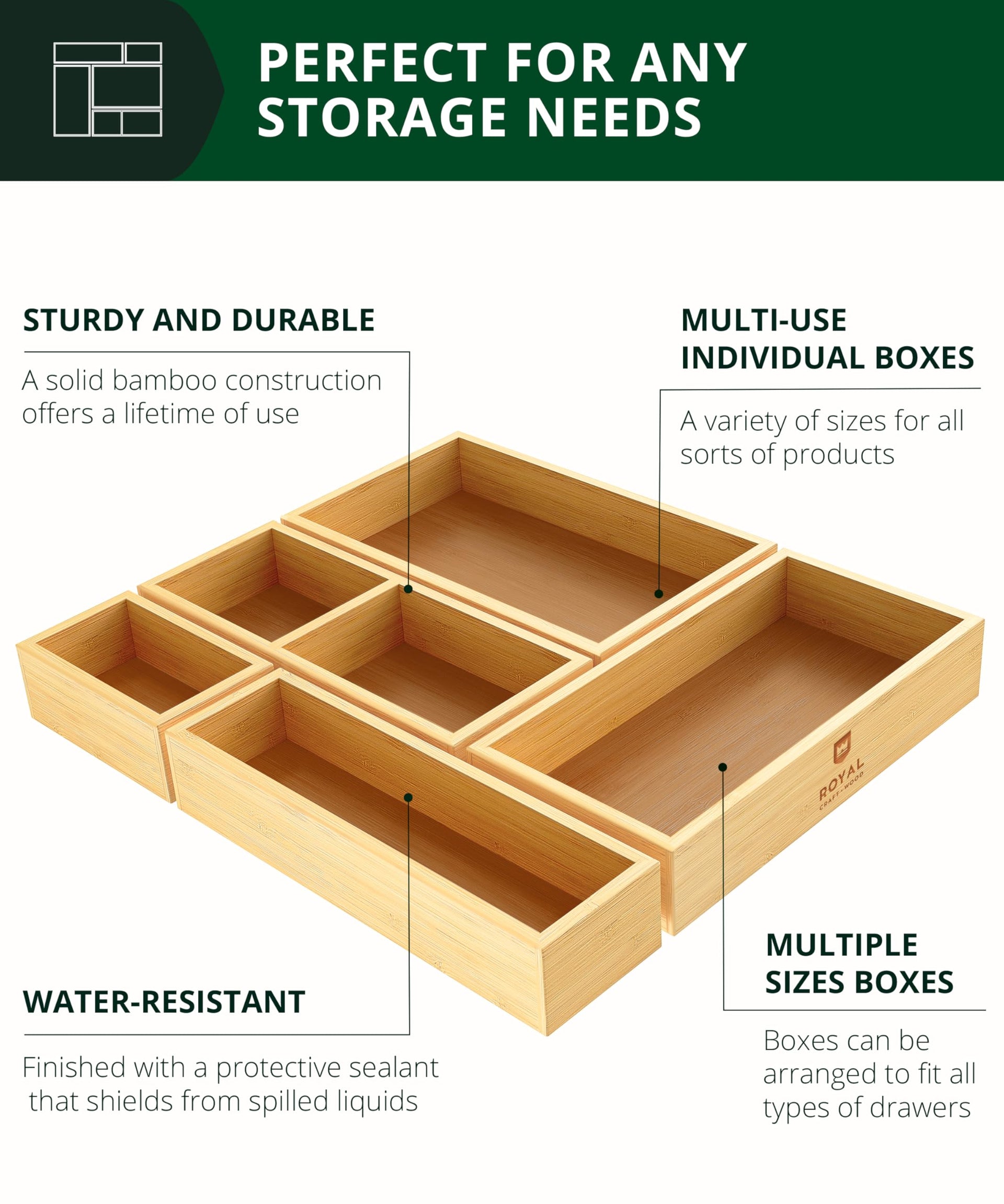 5 Piece Bamboo Drawer Organizer Set (5 Count)
