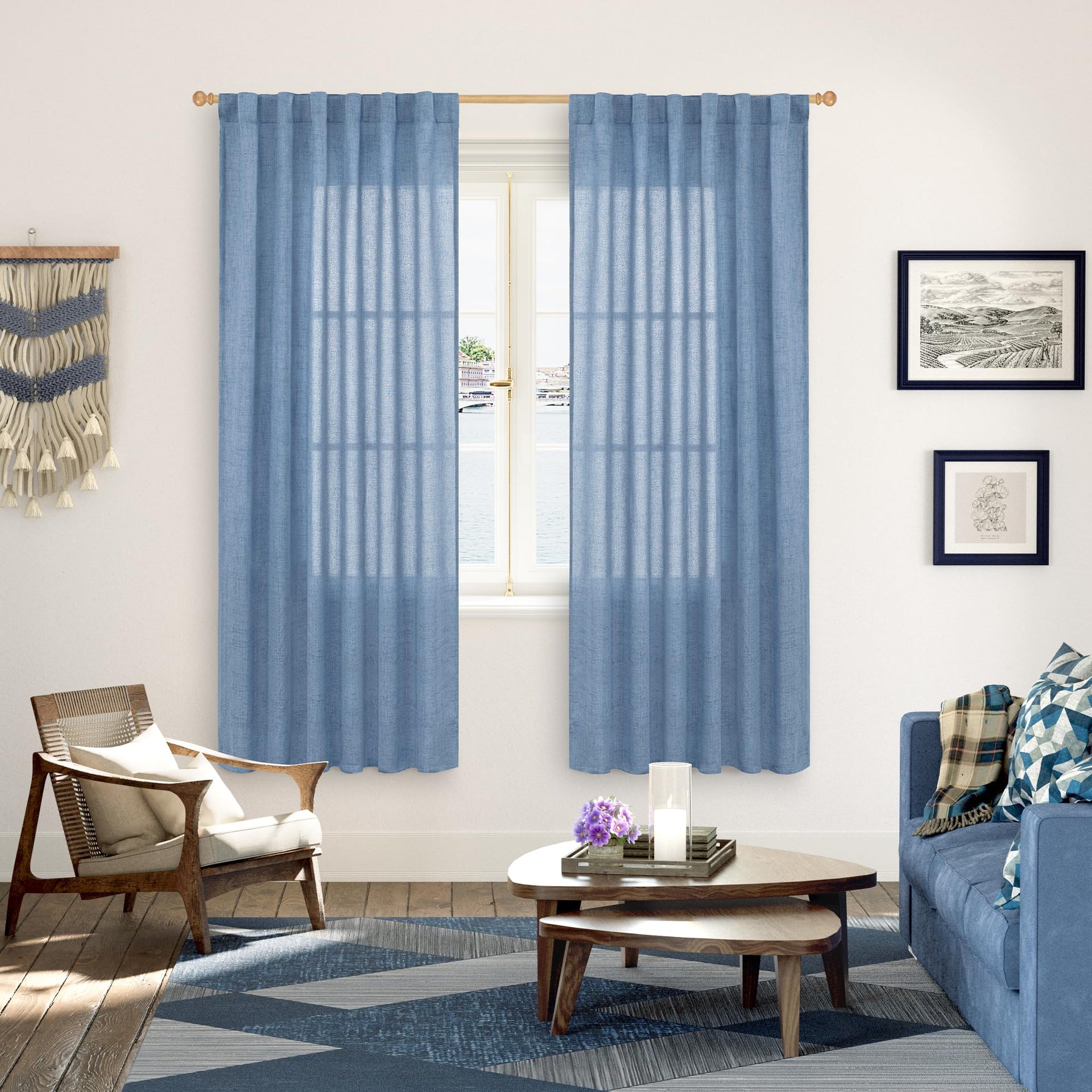 Denim Blue Linen Curtains 72 Inch Length for Living Room (2 Count)