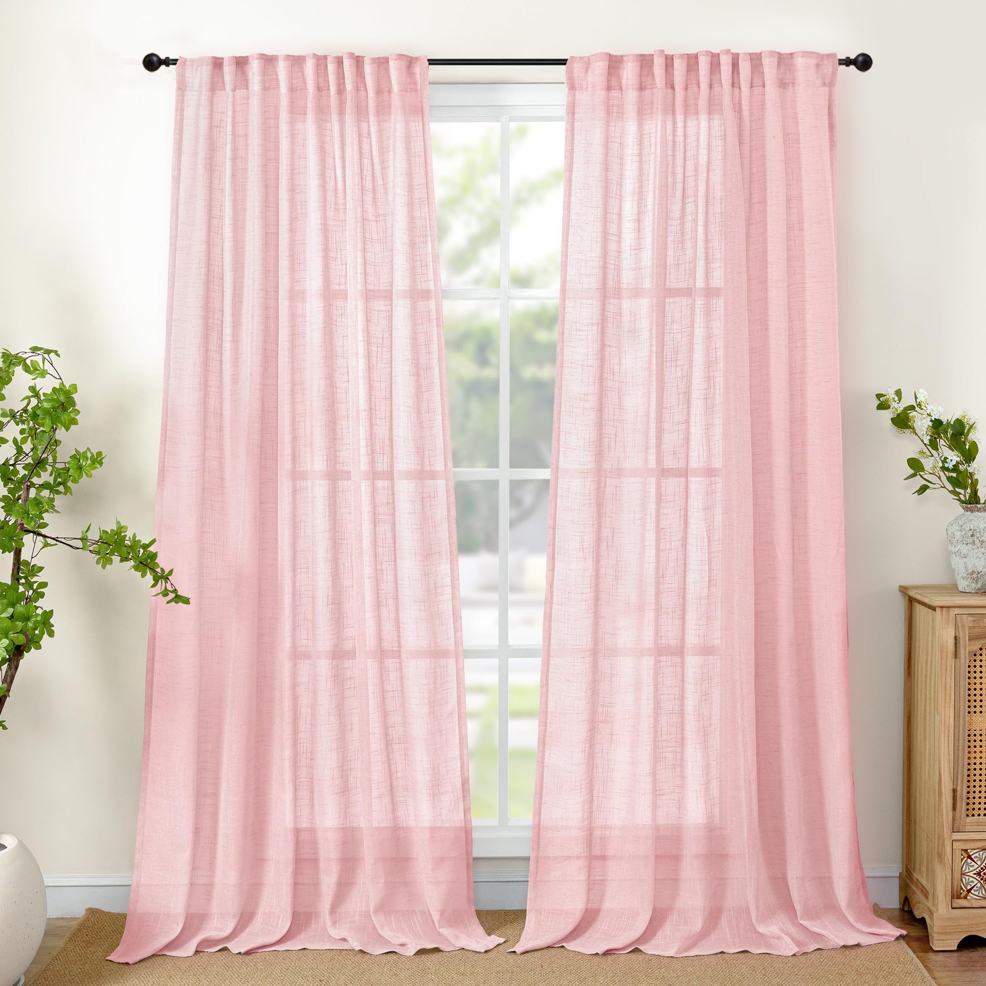 Light Pink Linen Semi Sheer Curtains 84 Inch Length for Living Room (2 Count)