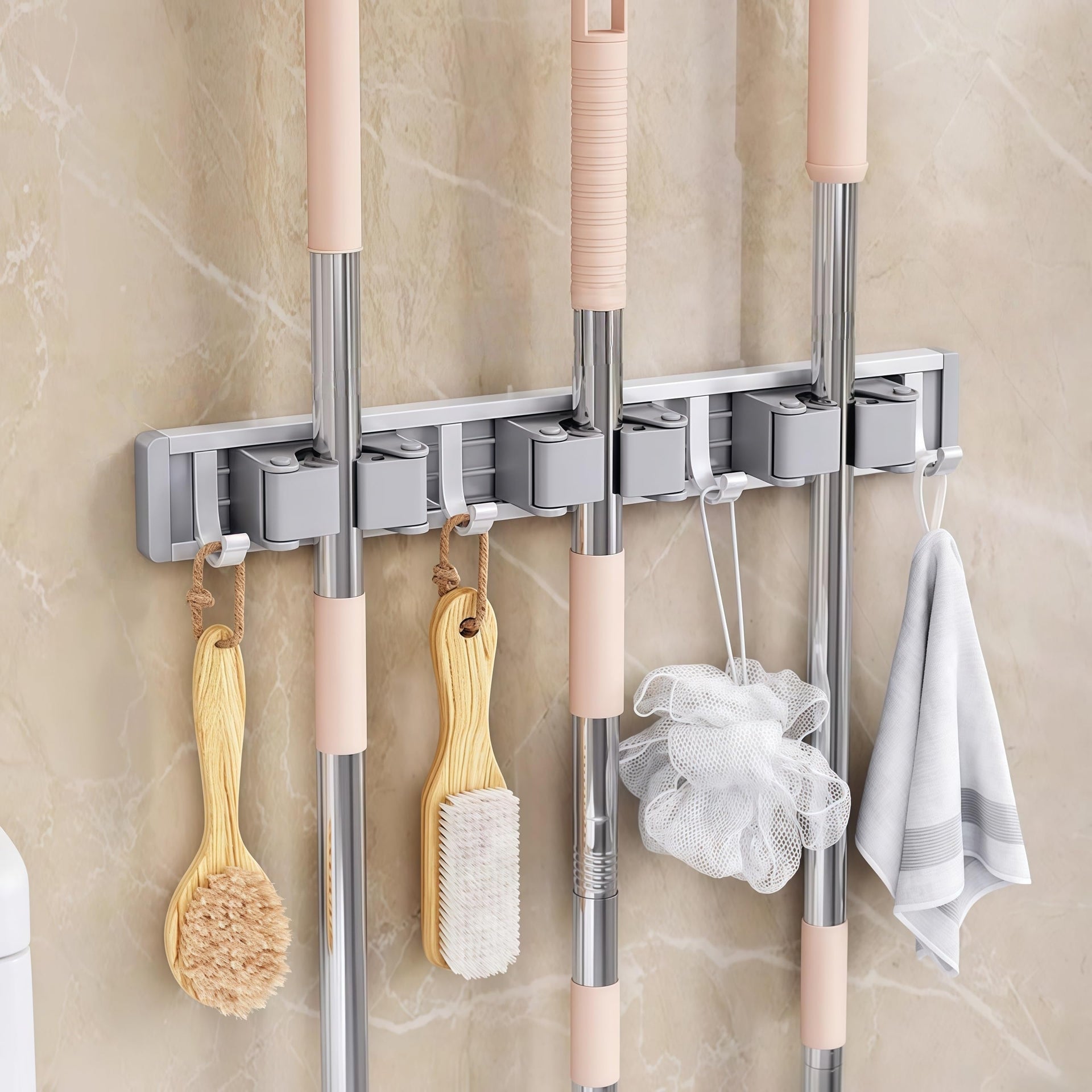 Mop and Broom Holder Wall Mount.Adjustable Tool Organizer Rack with Sliding Hooks