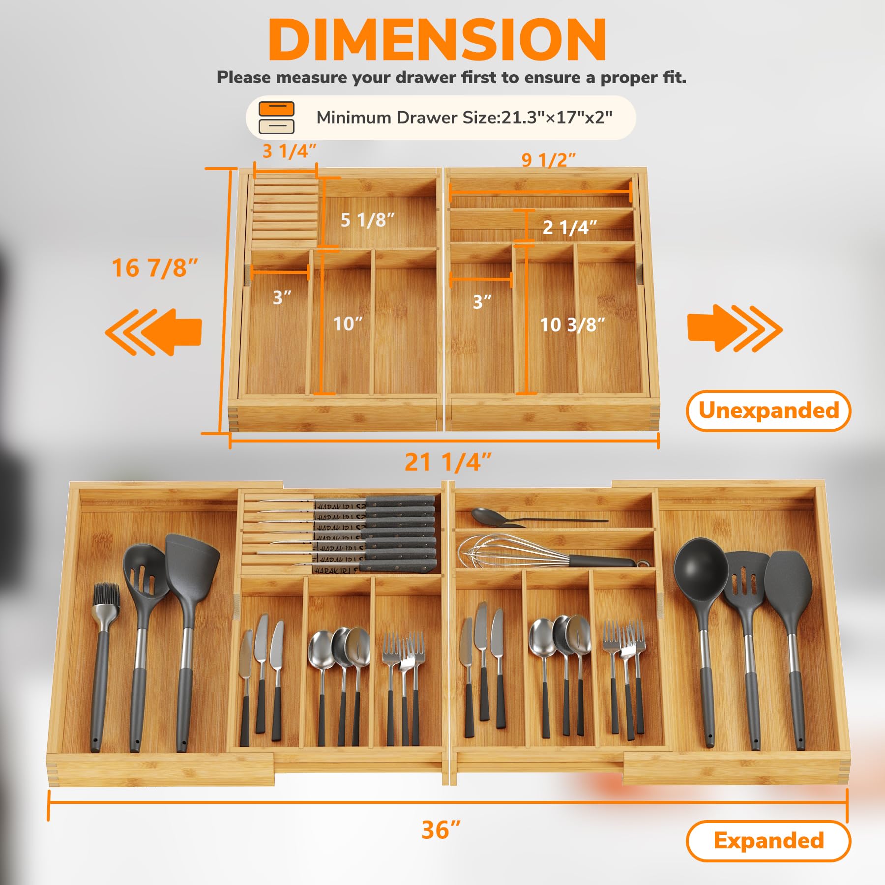 Expandable Silverware Drawer Organizer with Removable Knife Blocks