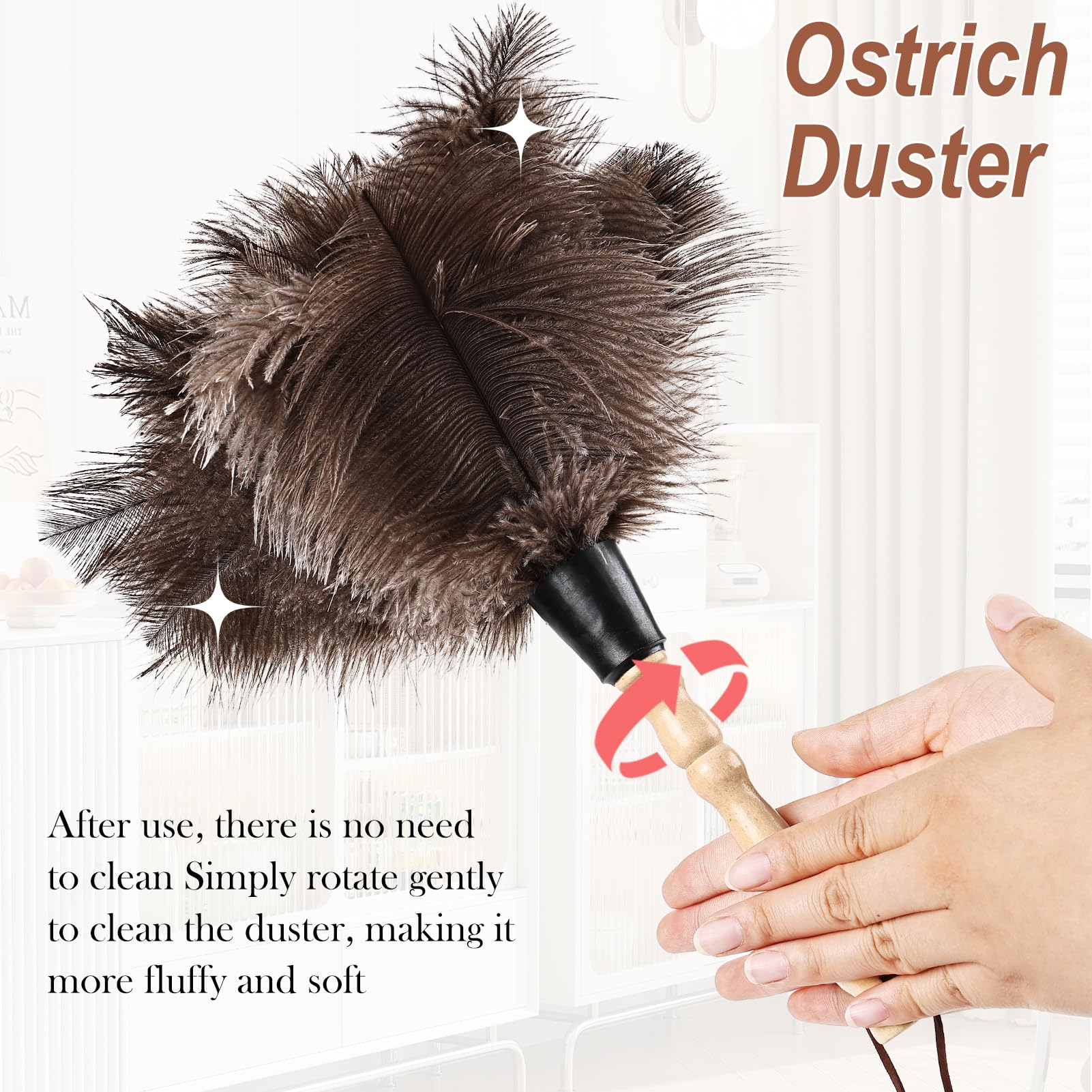 Ostrich Feather Duster 14" Natural Handheld Reusable Feathers Dusters with Wooden Handle for Cleaning Supplies Home Car Office (3 Count)
