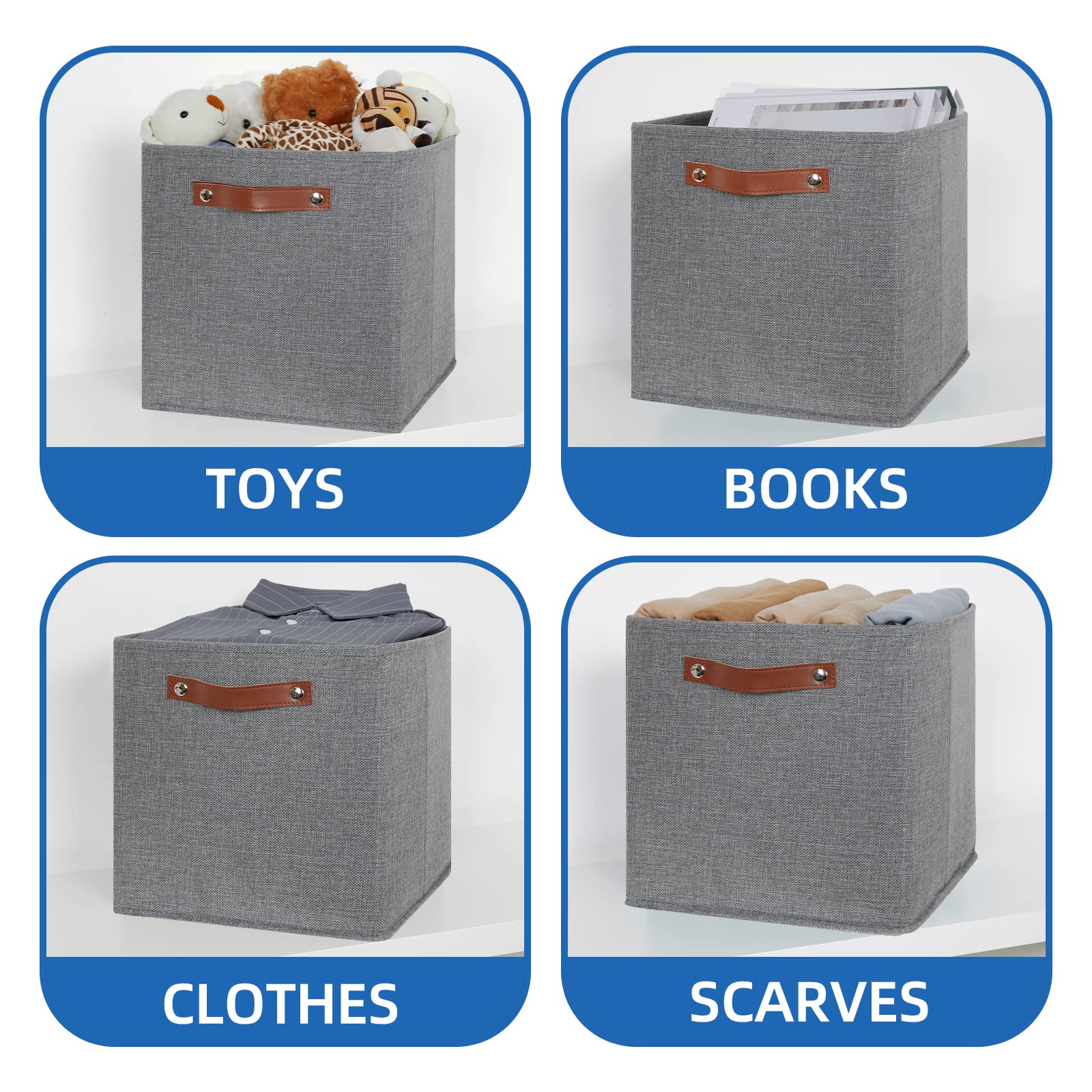 12x12 Storage Cube Bins 4 Pack Fabric Storage Cubes Storage Bins with Leather Handles