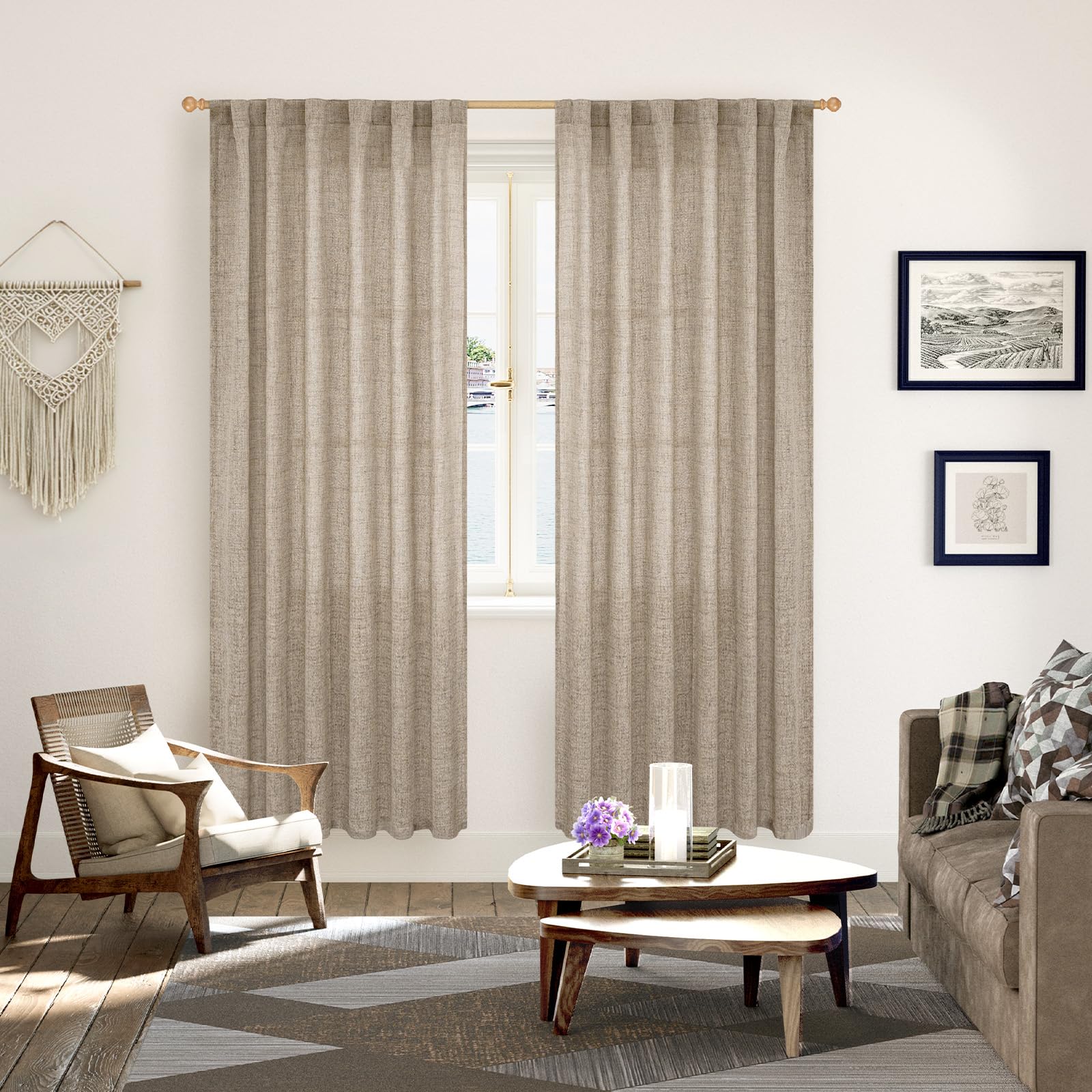 Dark Oatmeal Linen Semi Sheer Curtains 78 Inch Length for Living Room (2 Count)