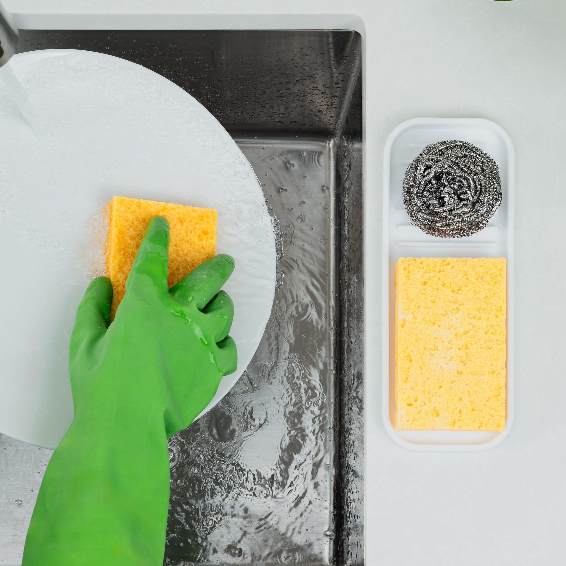 9x3.5) Silicone Sponge Holder for Kitchen Sink - Flexible Multipurpose Soap Tray - Sink Organizer for Kitchen, Bathroom, Makeup, Trinkets & More (White)