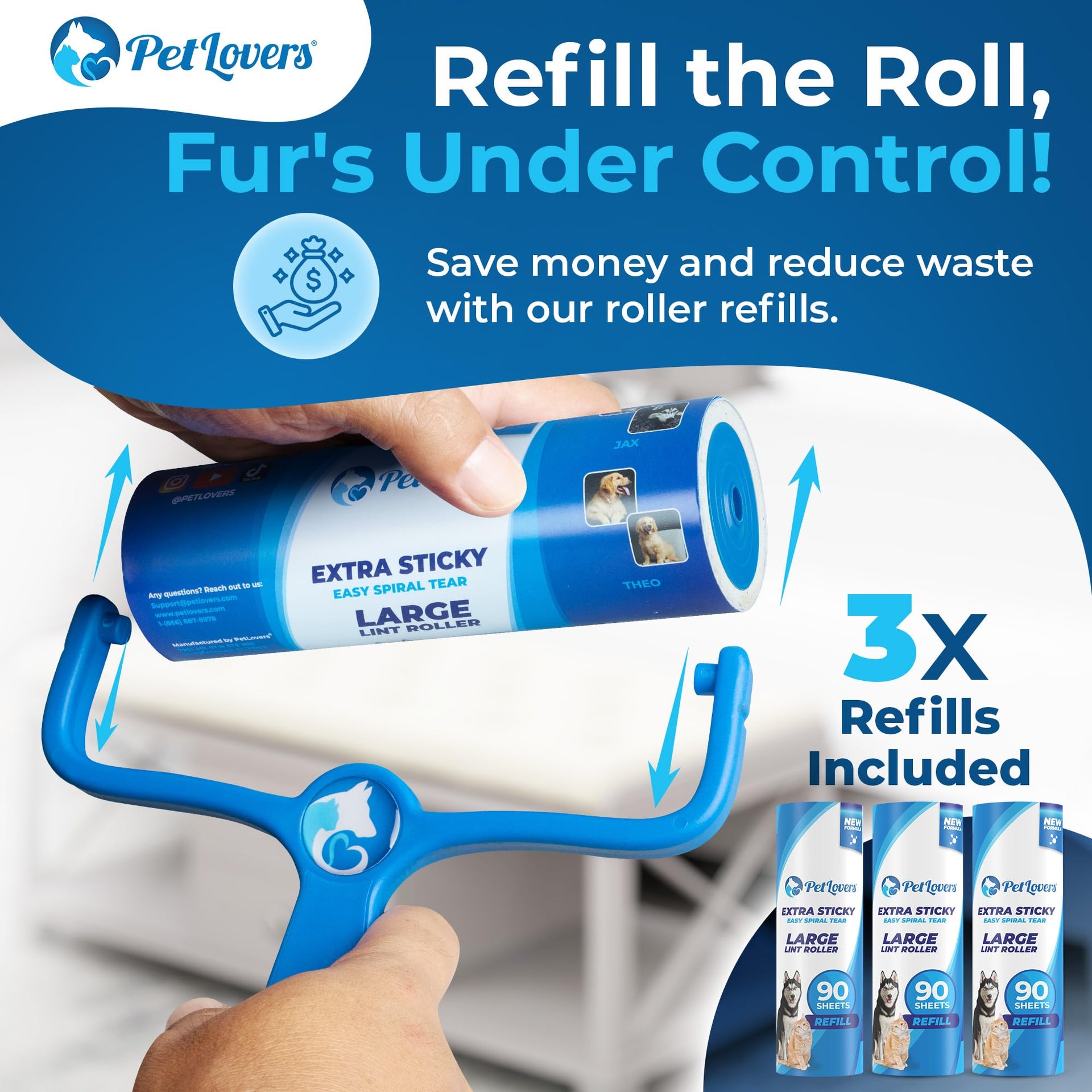 6.3" Large Lint Roller for Pet Hair Extra Sticky 360 Sheets