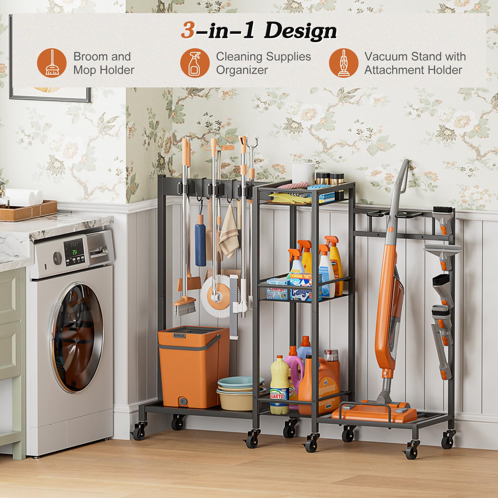 Broom Holder with Cleaning Supplies Organizer