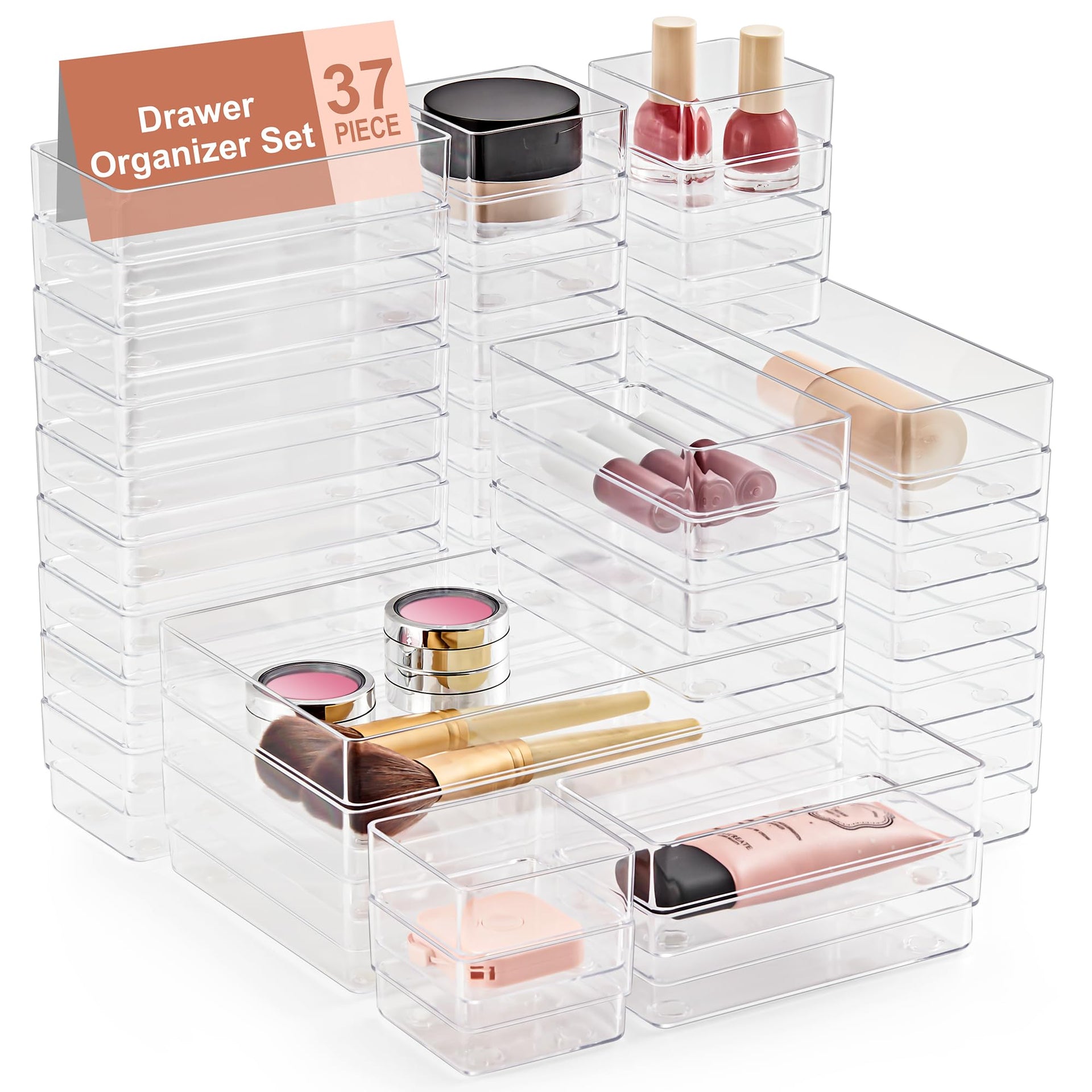 37 PCS Drawer Organizer 4 Size Desk Makeup Drawer Organizer Clear (37 Count)