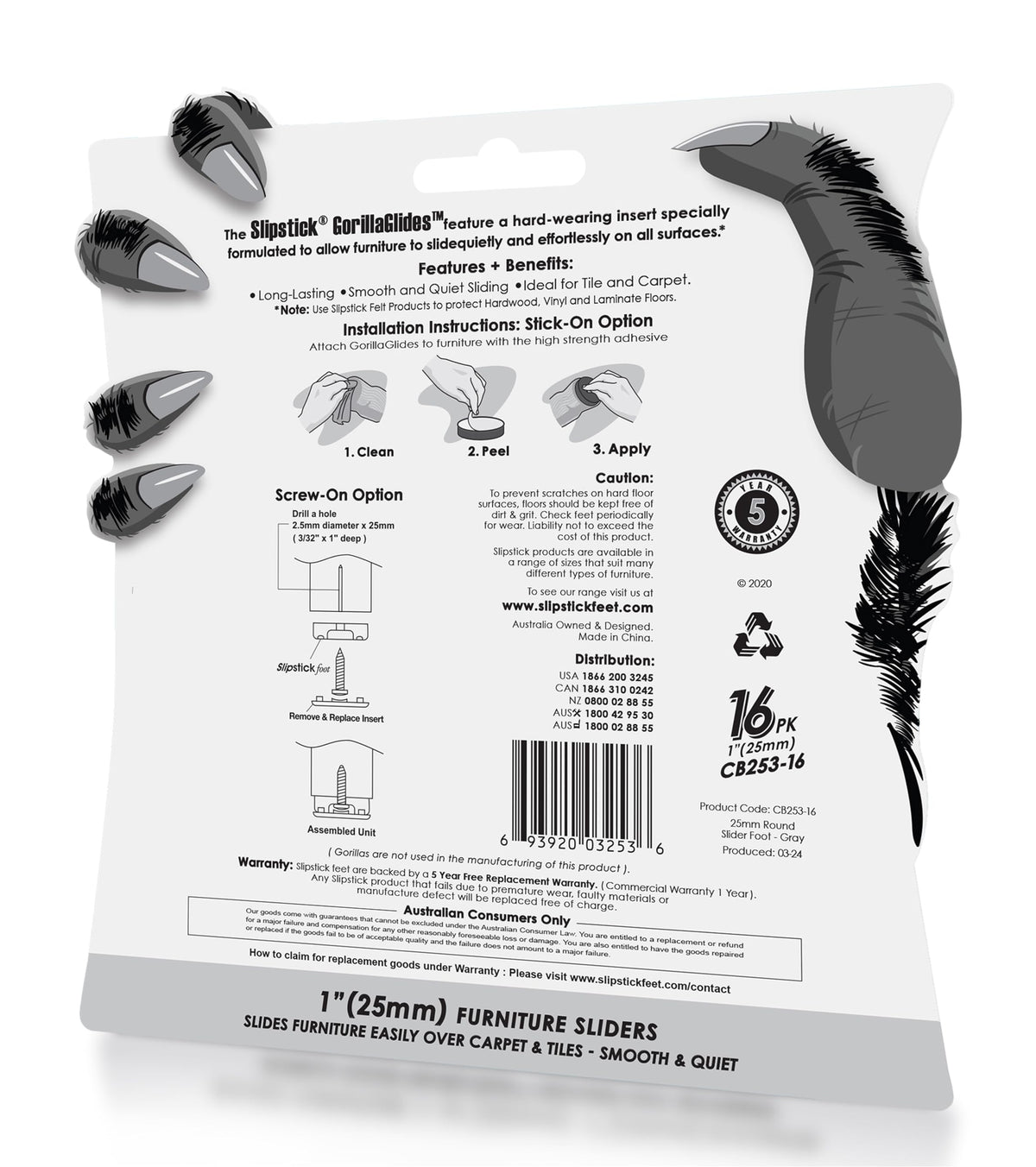 GorillaGlides 1 Inch Chair Sliders (16 Count)