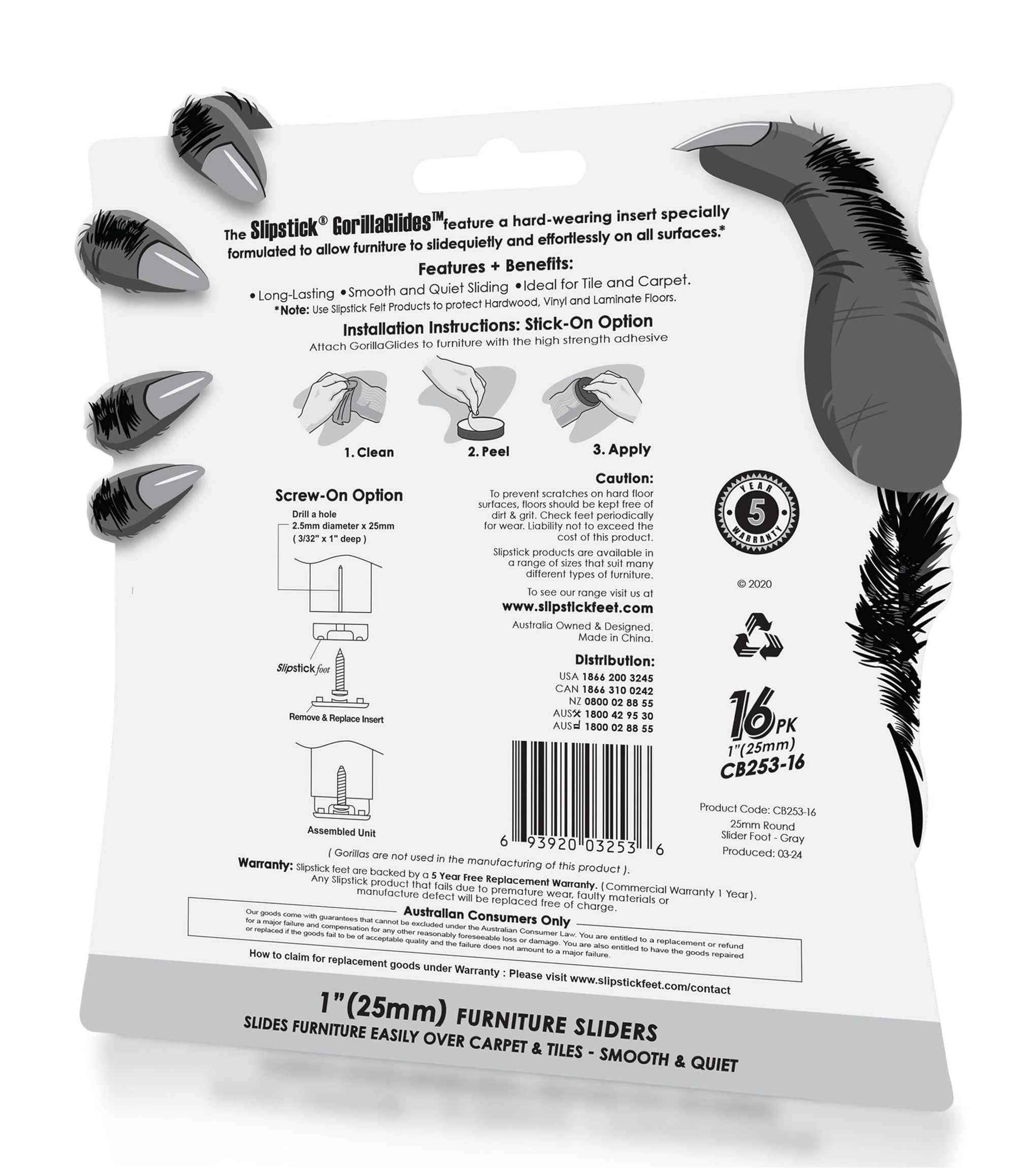 GorillaGlides 1 Inch Chair Sliders (16 Count)