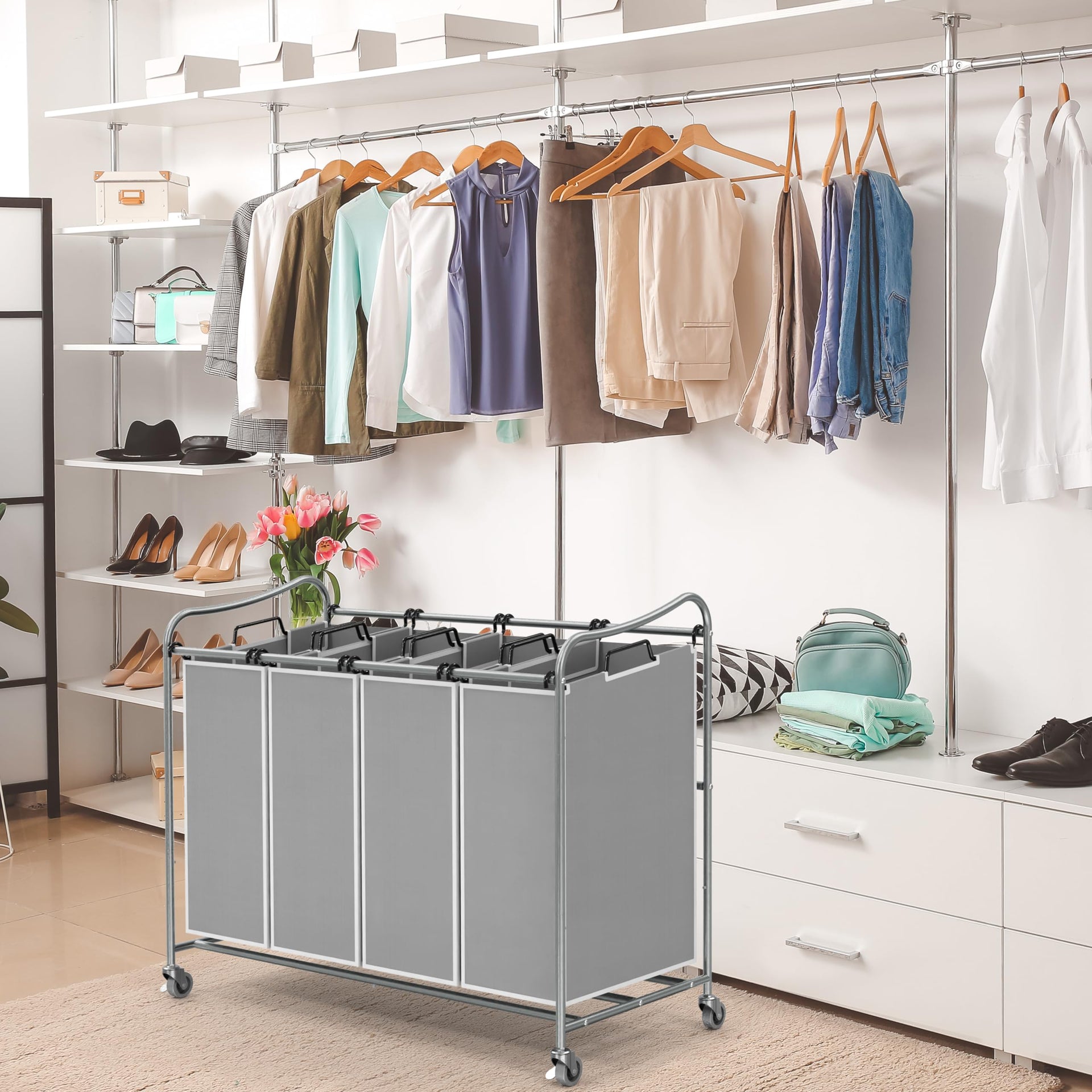 4 Bag Heavy Duty Laundry Sorter Rolling Cart