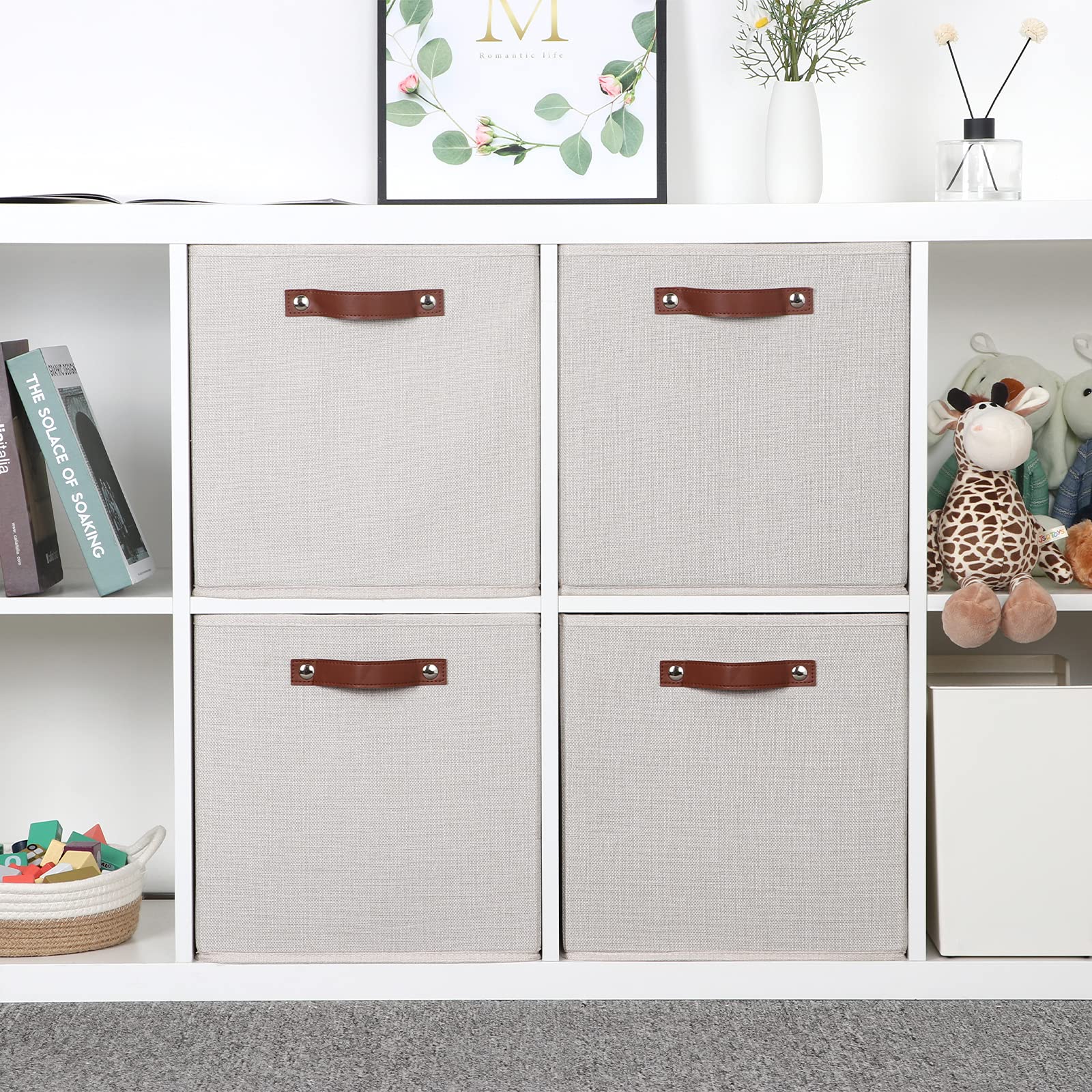 Fabric Storage Cubes Storage Bins with Dual Leather Handles (4 Count)