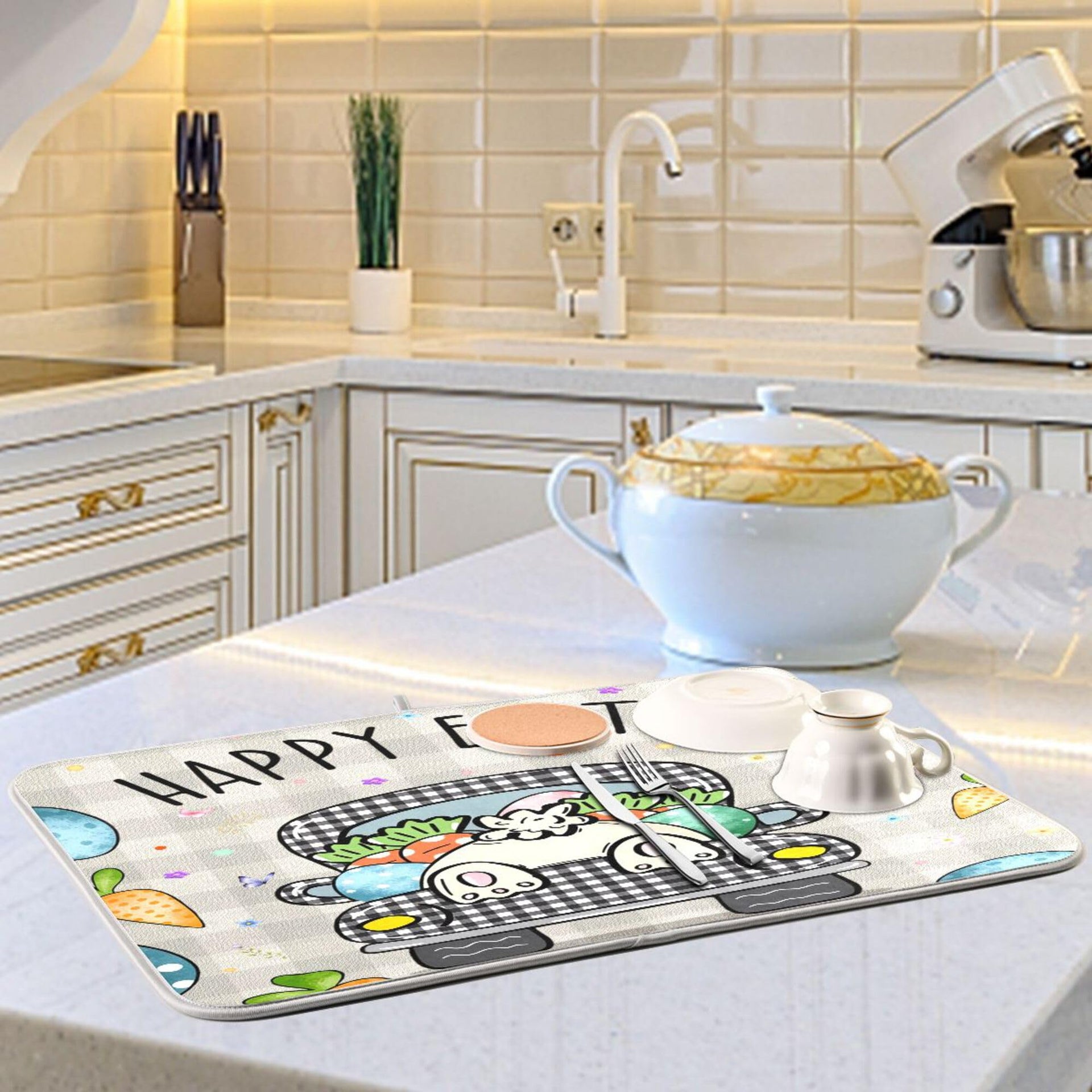 Easter Eggs Bunny Rabbit Dish Drying Mat Quick Absorbent 16x18 Easter Day Black White Buffalo Plaid Kitchen Drying Mat for Countertop Sink Reusable Dishes Mats Kitchen Essentials