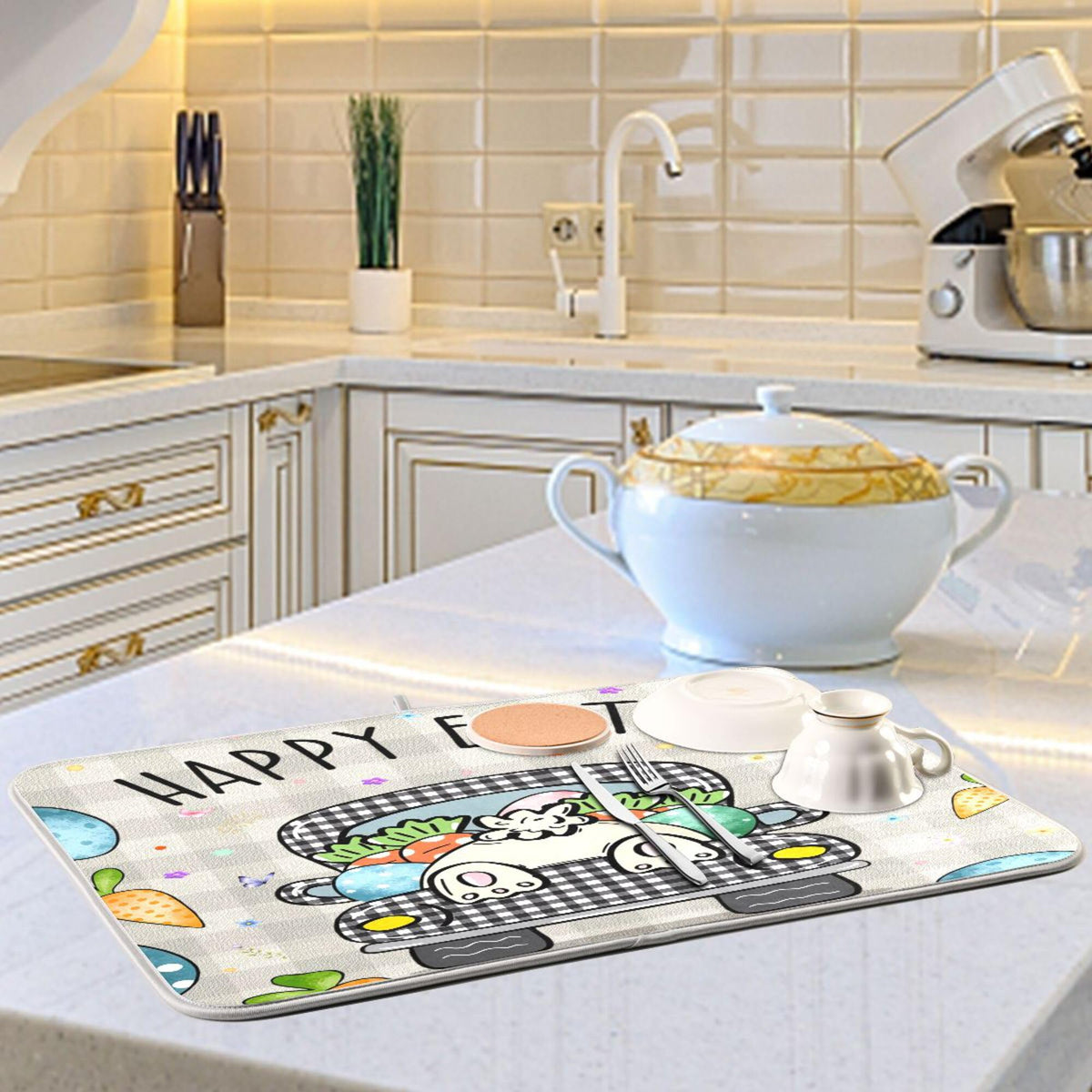 Easter Eggs Bunny Rabbit Dish Drying Mat Quick Absorbent 18x24 Easter Day Black White Buffalo Plaid Kitchen Drying Mat for Countertop Sink Reusable Dishes Mats Kitchen Essentials