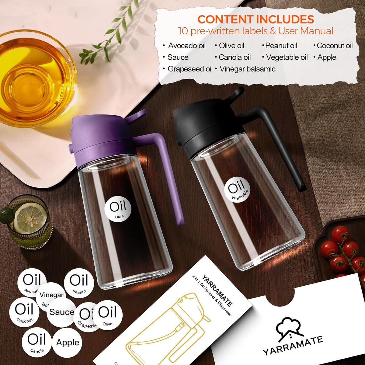 YARRAMATE 16oz/470ml Glass Olive Oil Sprayer for Cooking with Stickers, 2 in 1 Oil Dispenser for Kitchen Gadgets, Food Grade Premium Spray Bottle with Portion Control for Salad, BBQ (Purple)