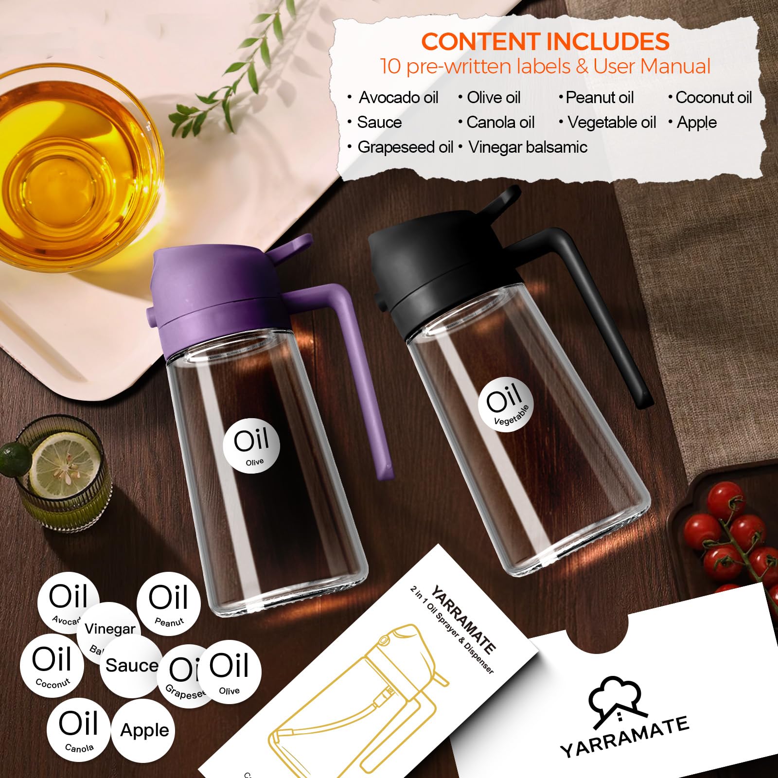 16 oz 2-in-1 Glass Olive Oil Sprayer for Cooking, BlackPurple