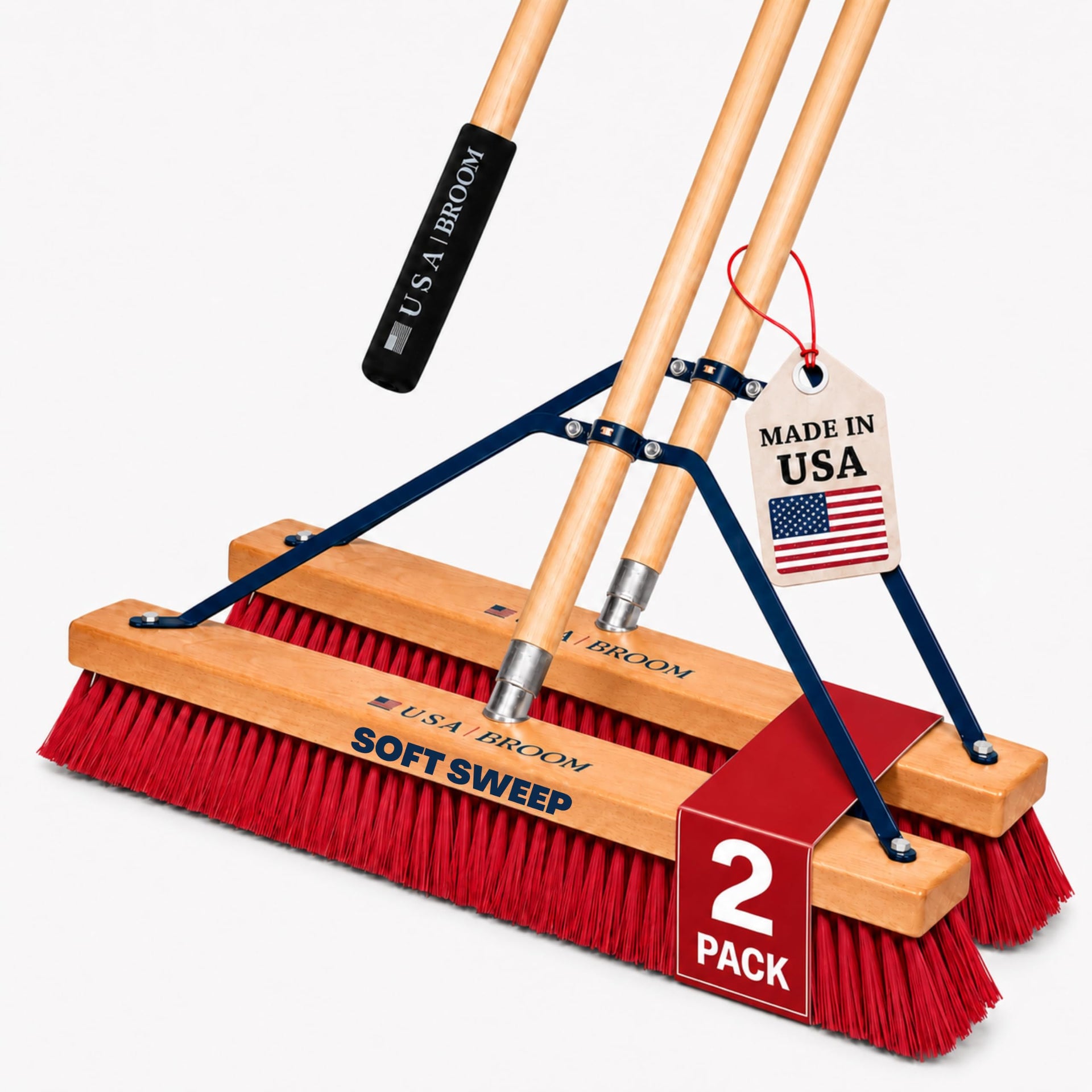 2-Pack - 24" Soft Sweep Indoor Push Broom with 60" Handle. Ideal for Epoxy & Polished Floors. Durable American Made Steel Brackets-Stainless Steel Hardware. No Plastic. 100% USA Made