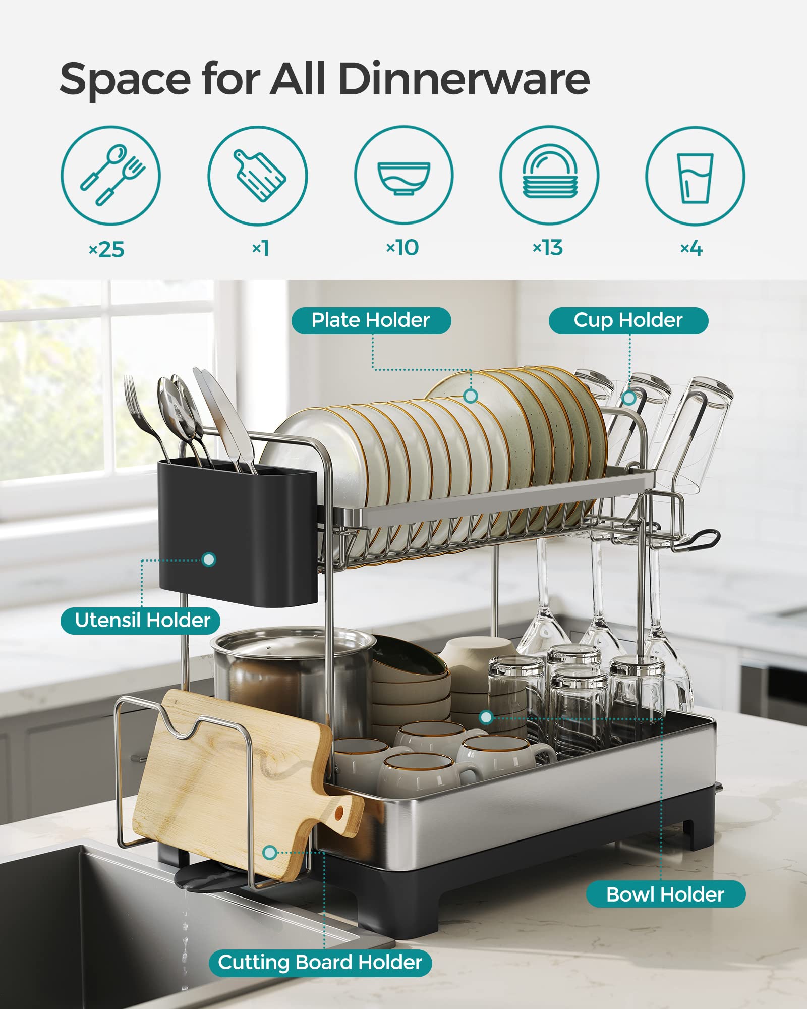 2 Tier Dish Drying Rack for Kitchen Counter